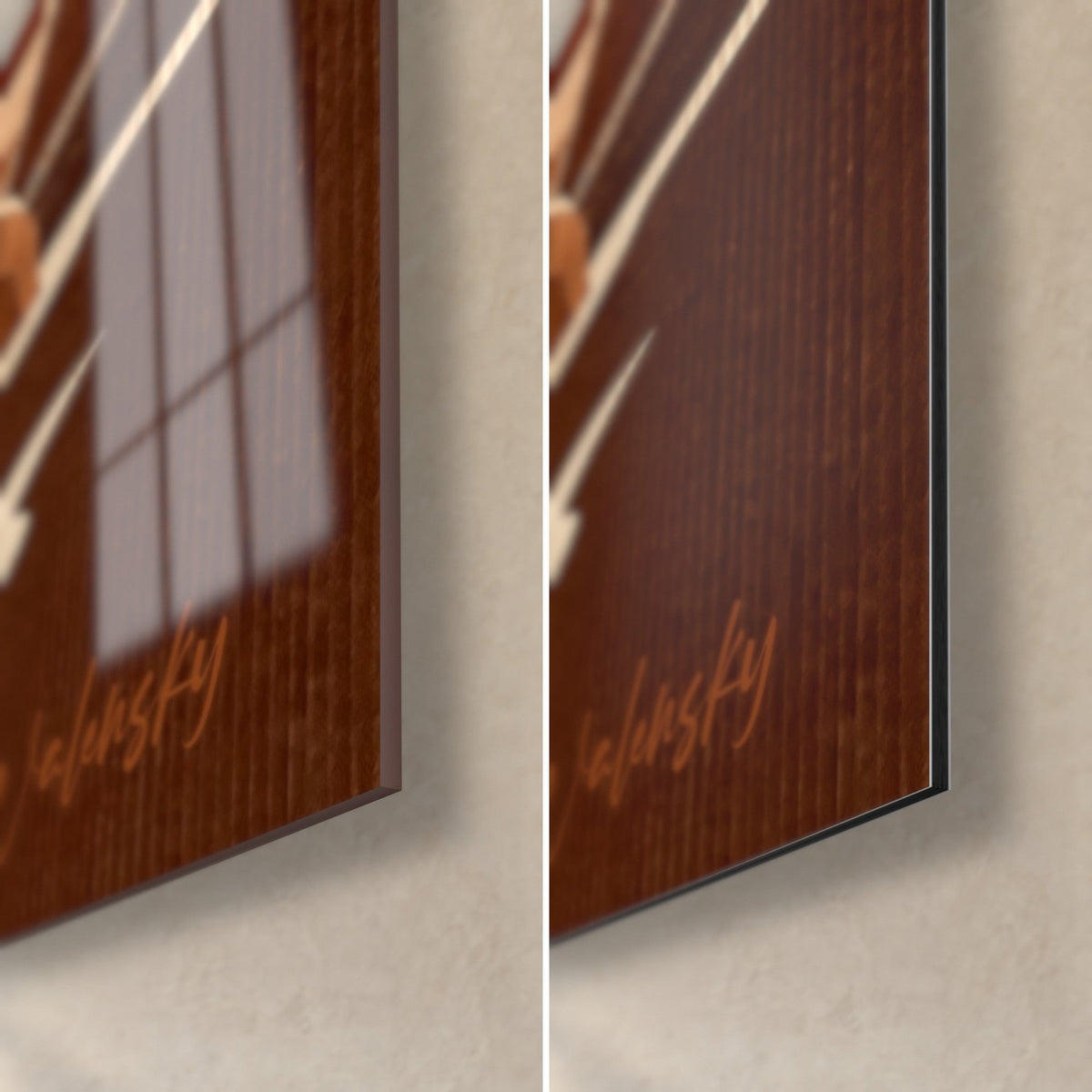 Wall art Collioure in brown and cream flat tones, bottom right corner: glossy acrylic glass on the left, matte Dibond on the right, 3 mm edge