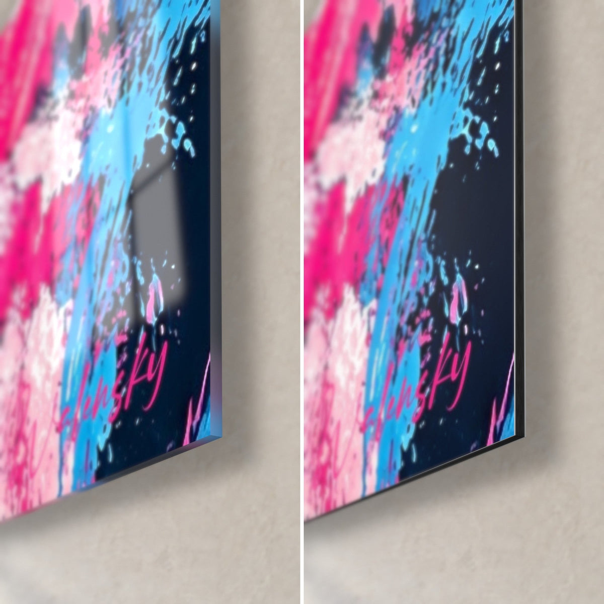Tableau tour de Collioure en rose fuchsia et bleu, éclaboussures sur verre acrylique brillant et alu Dibond mat, tranche de 3 mm