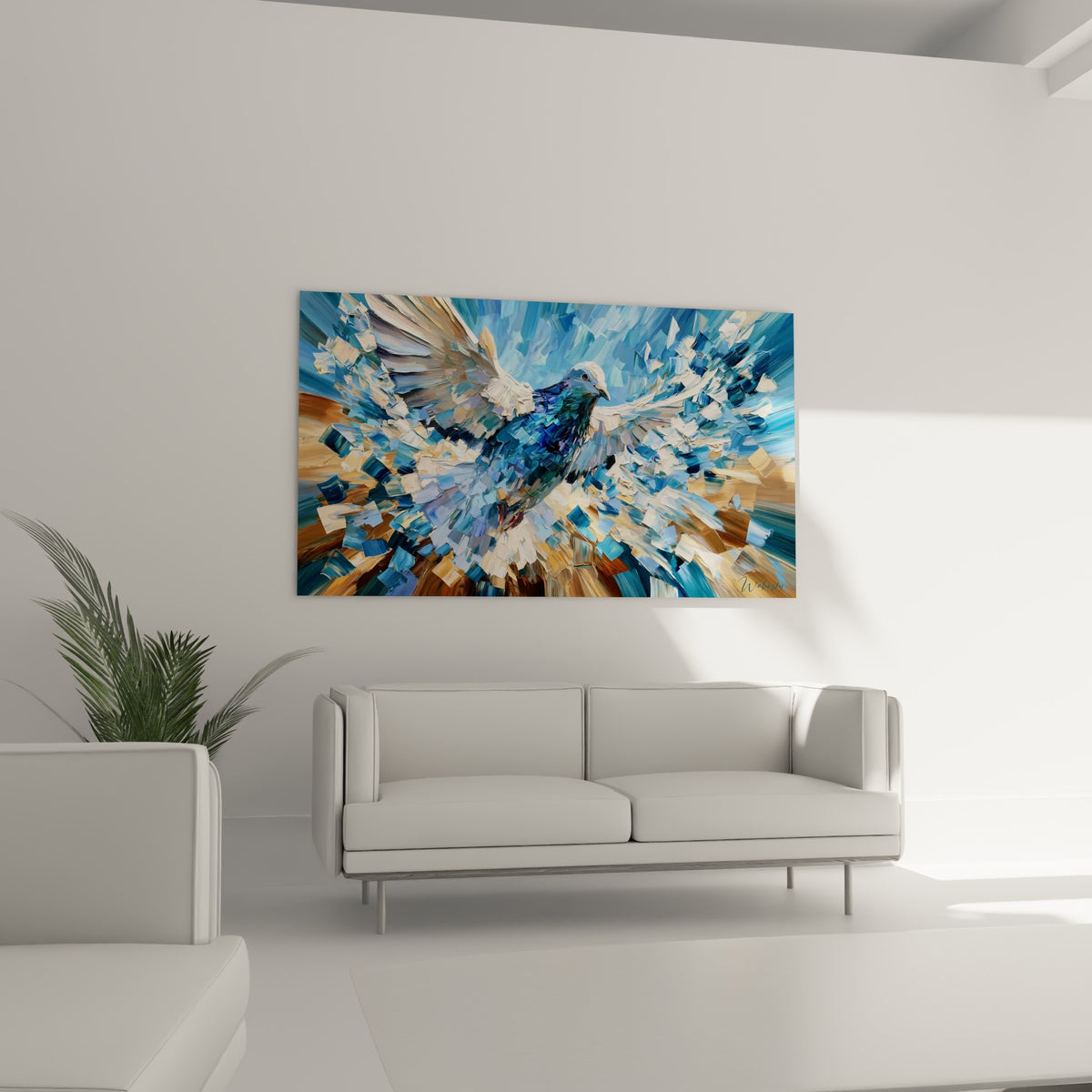 Ailes fragmentées bleu marine et blanches en mouvement, au-dessus d'un canapé dans un salon lumineux
