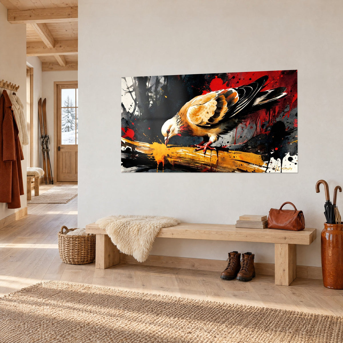 Tableau oiseau penché aux ailes noires et orangées, taches rouge vif sur fond sombre, vu de trois-quarts dans un chalet