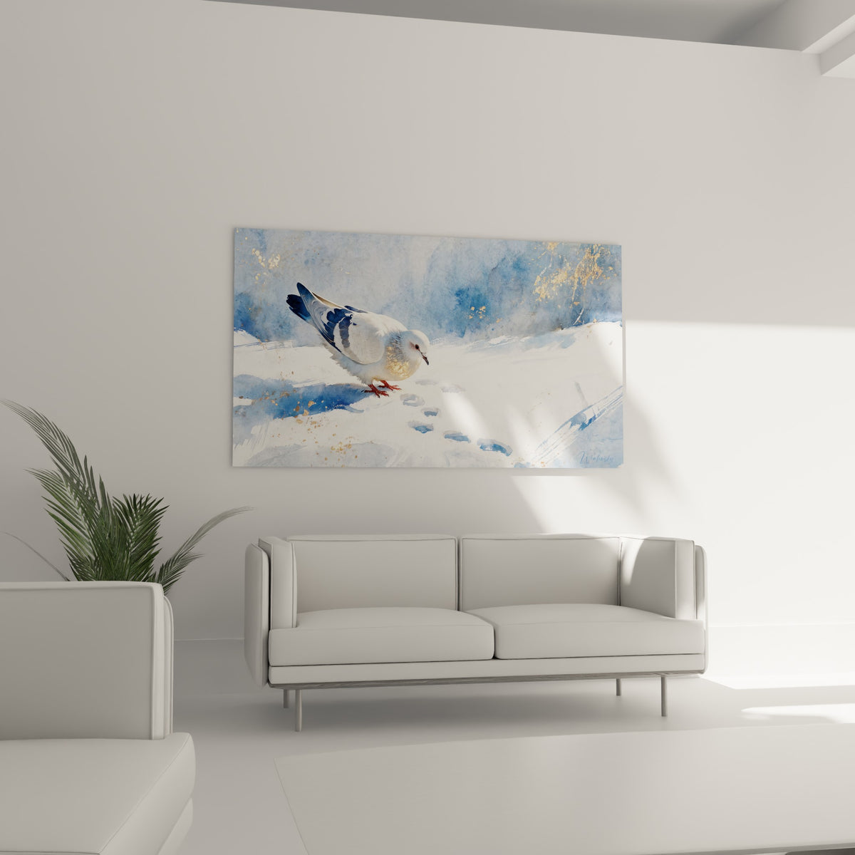 Plumage blanc et bleu marine de la colombe se détachant sur fond neigeux, au-dessus d'un canapé dans un salon lumineux