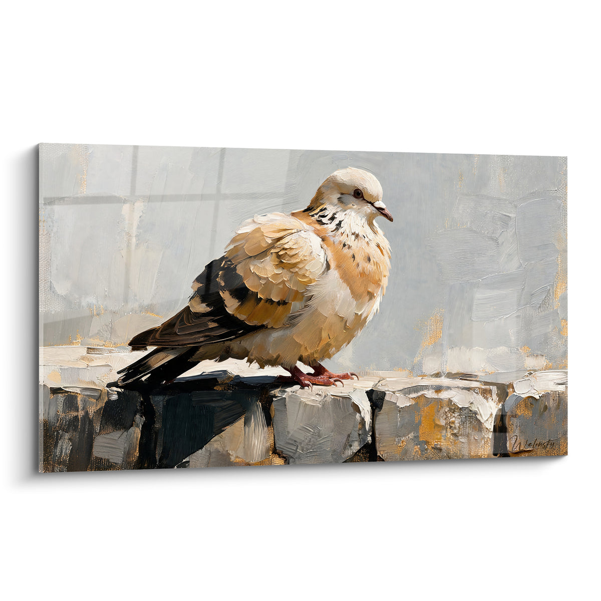 Colombe beige et grise perchée sur un muret de pierre, plumes texturées en peinture à l'huile