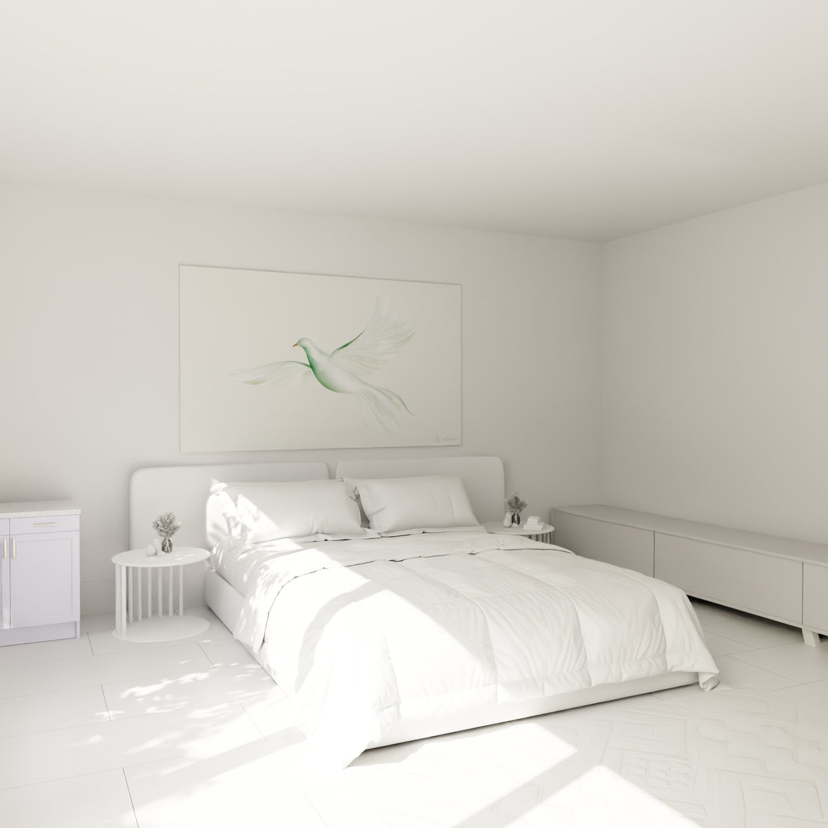Envol léger d'une colombe blanc ivoire et vert sauge, au-dessus d'un lit dans une chambre claire