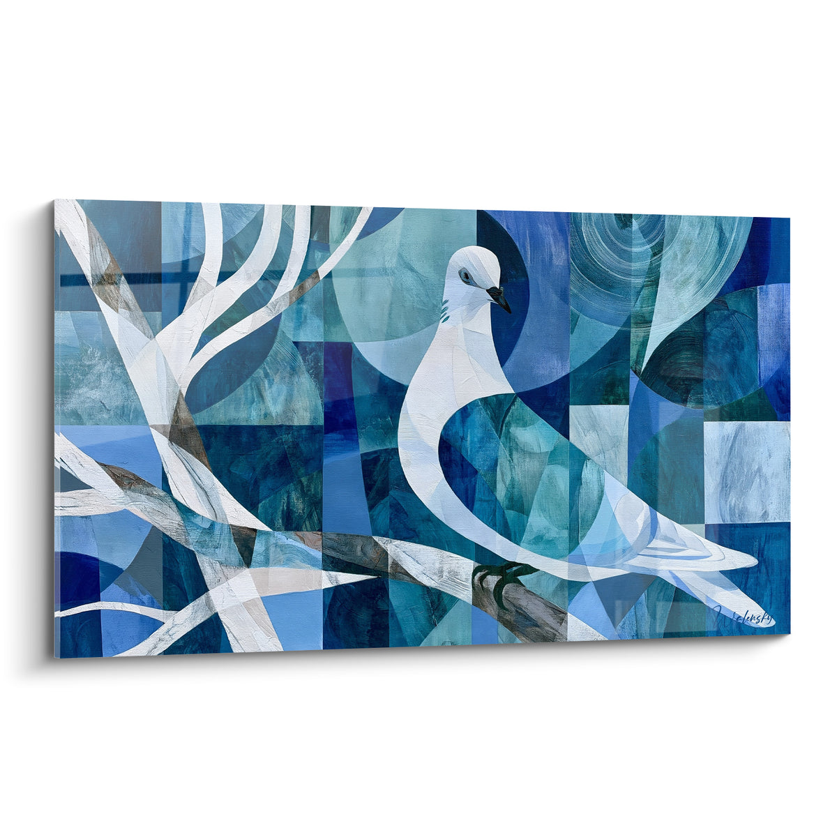 Colombe blanche perchée sur une branche stylisée, entourée de fragments bleu marine et turquoise