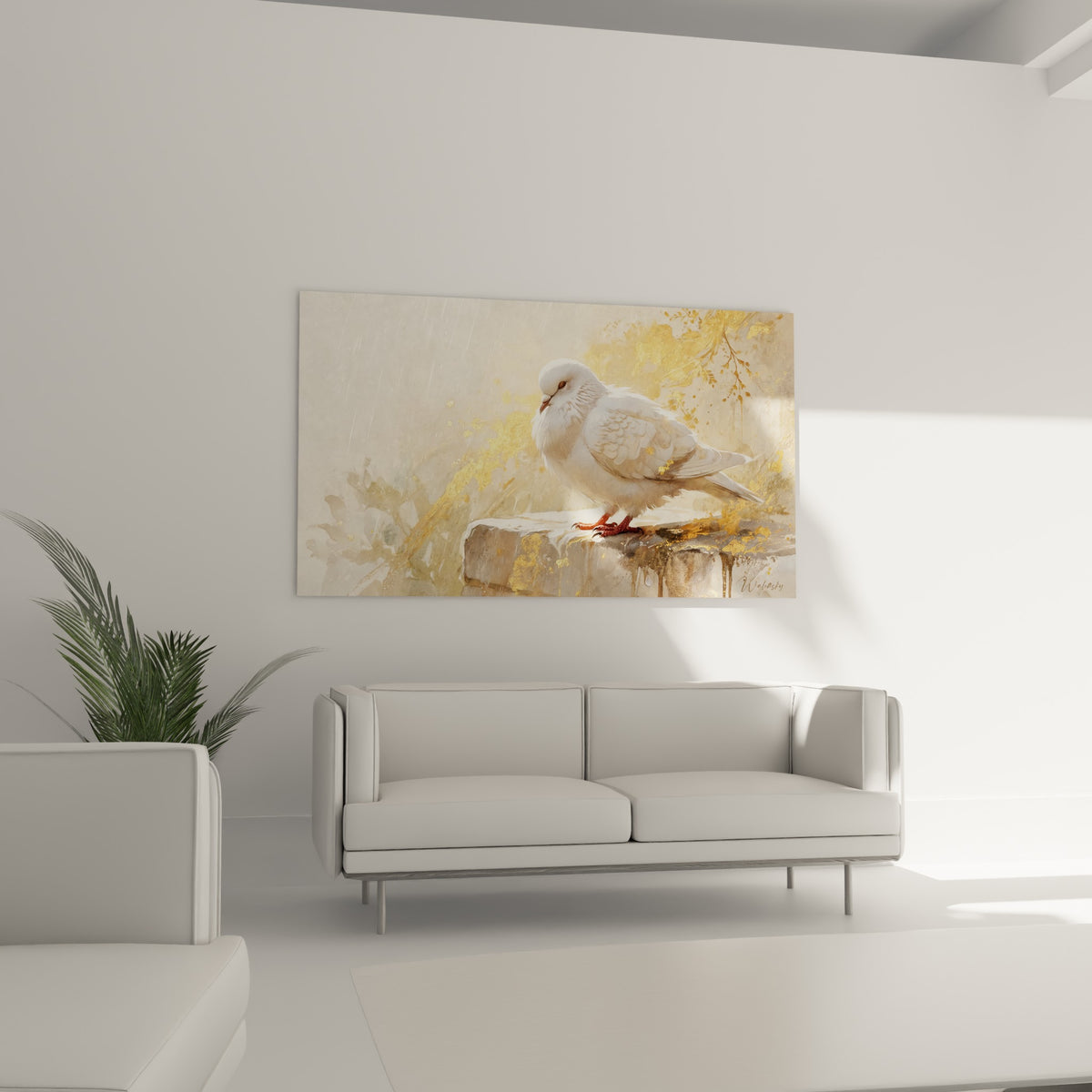 Plumage blanc et doré d'une colombe sous la pluie, au-dessus d'un canapé dans un salon lumineux