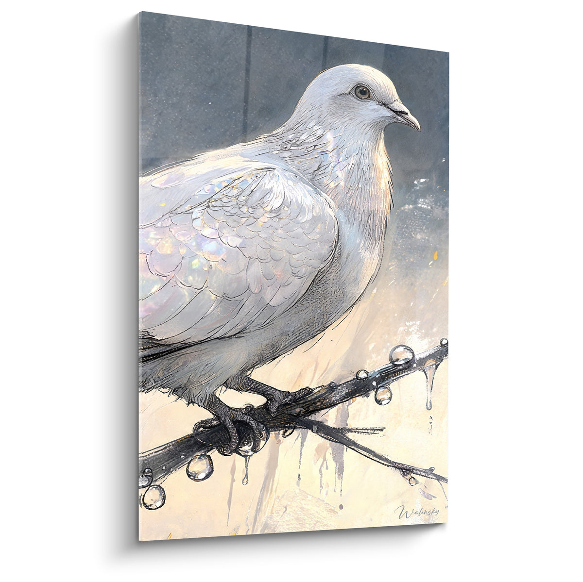 Colombe blanche nacrée perchée sur une branche anthracite, plumage ivoire et gris perle détaillé