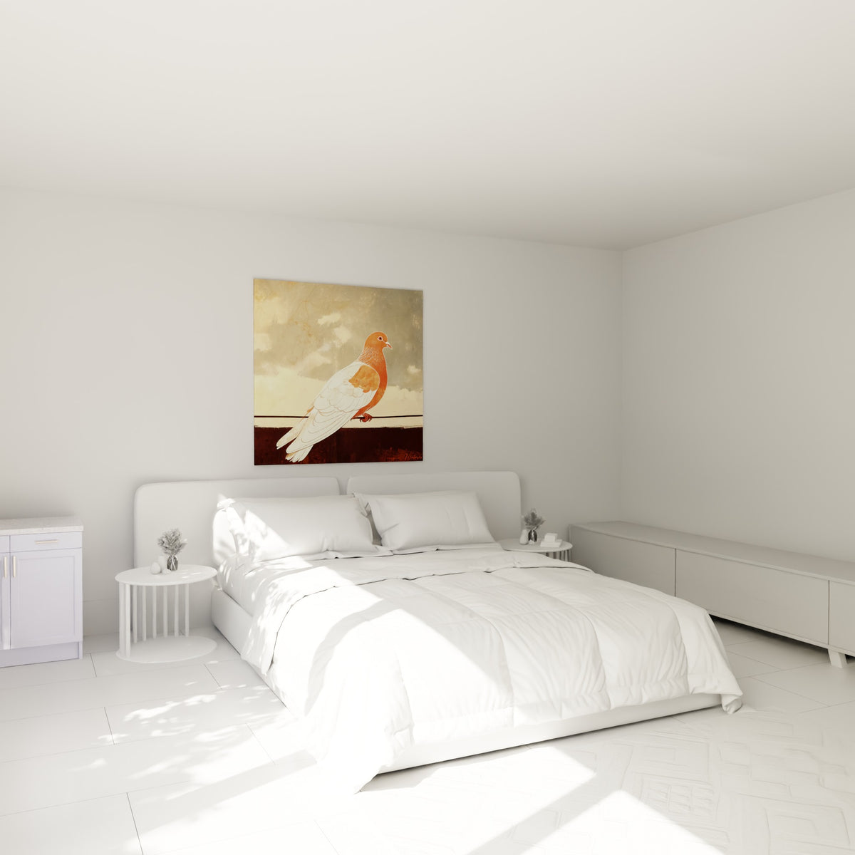 Oiseau terracotta et crème posé sur un fil, tableau colombe au-dessus d'un lit dans une chambre claire