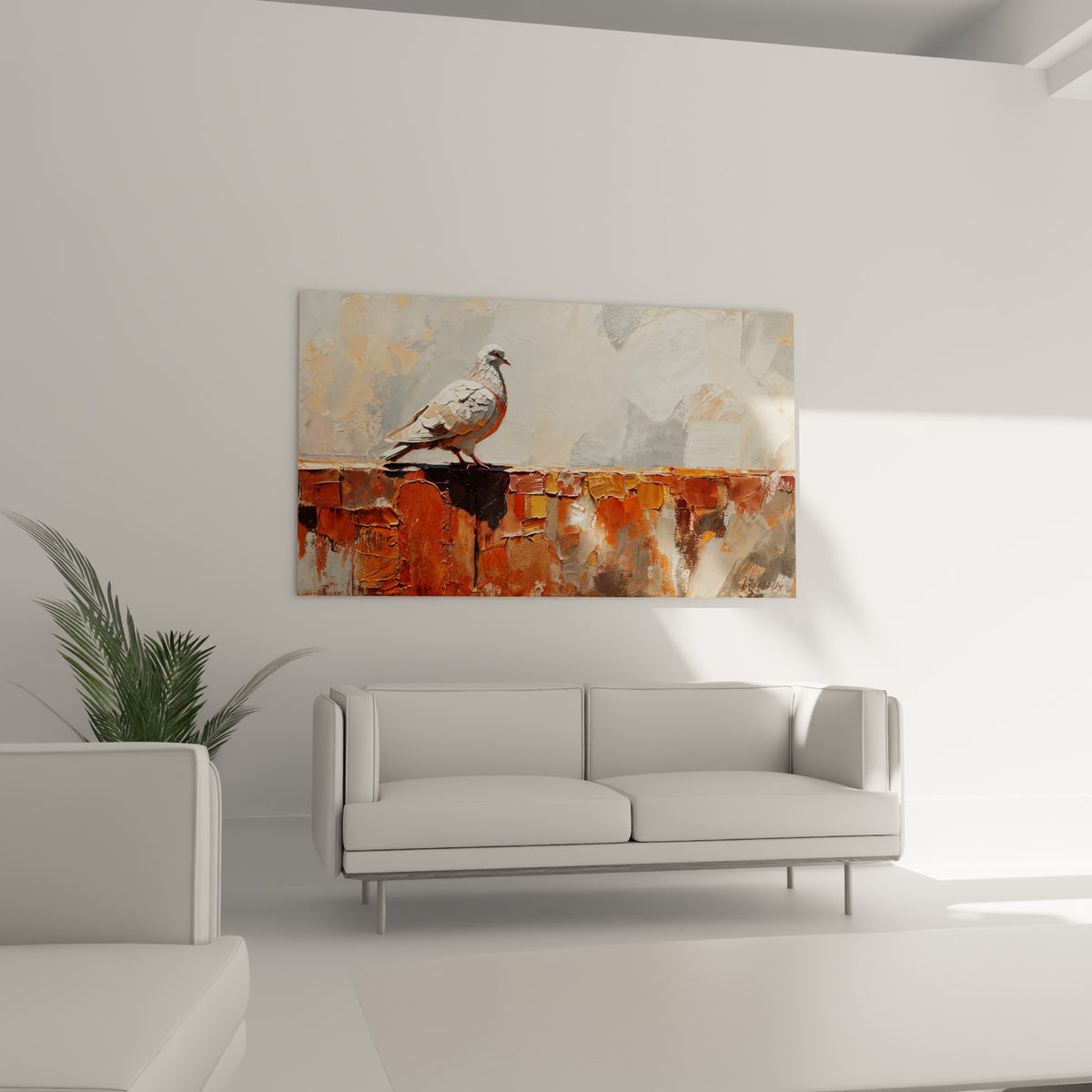 Silhouette d'une colombe grise sur fond terracotta et gris perle, au-dessus d'un canapé dans un salon lumineux