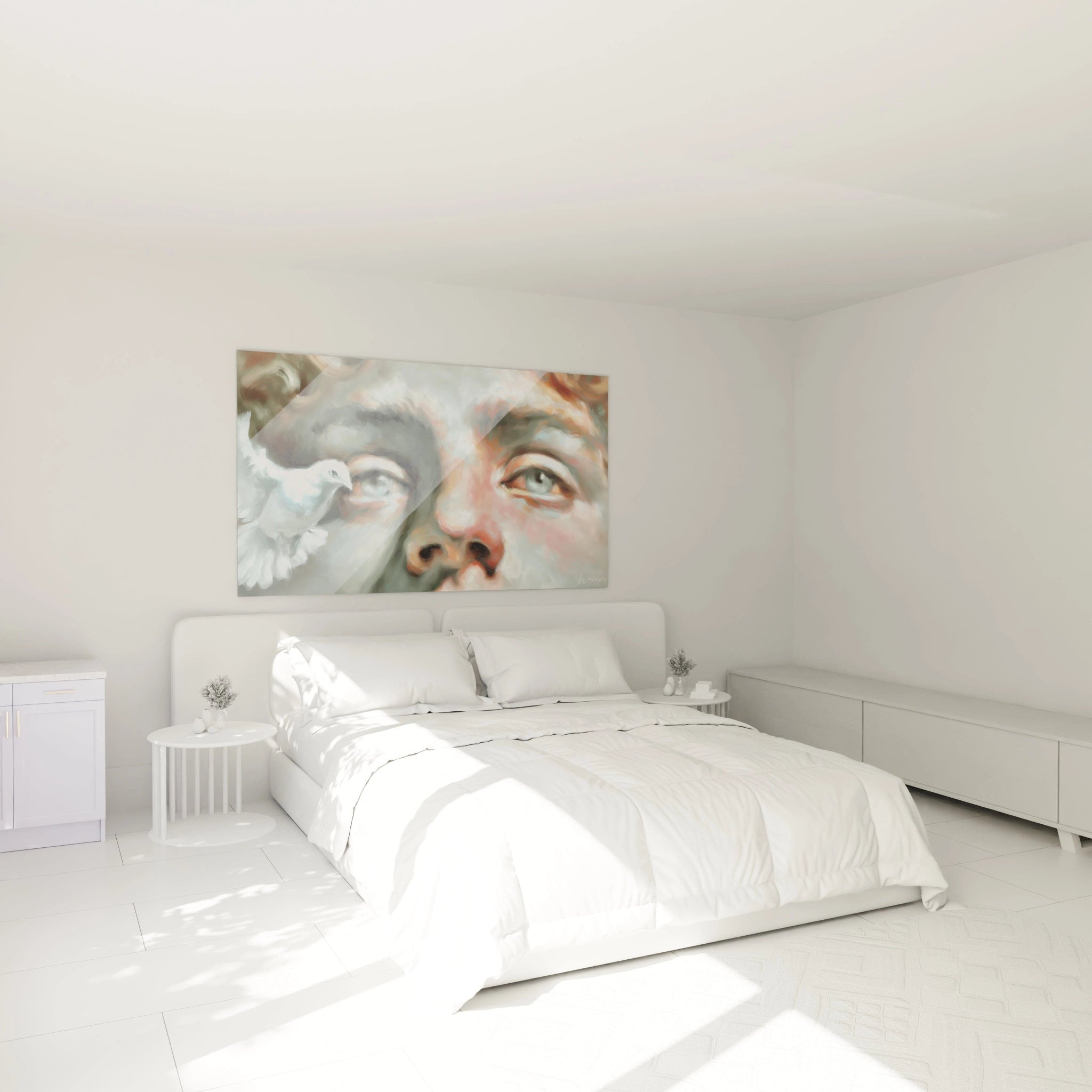 Walensky tableau colombe hyperréalisme mural au dessus d un lit blanc montrant visage peint et colombe détaillée