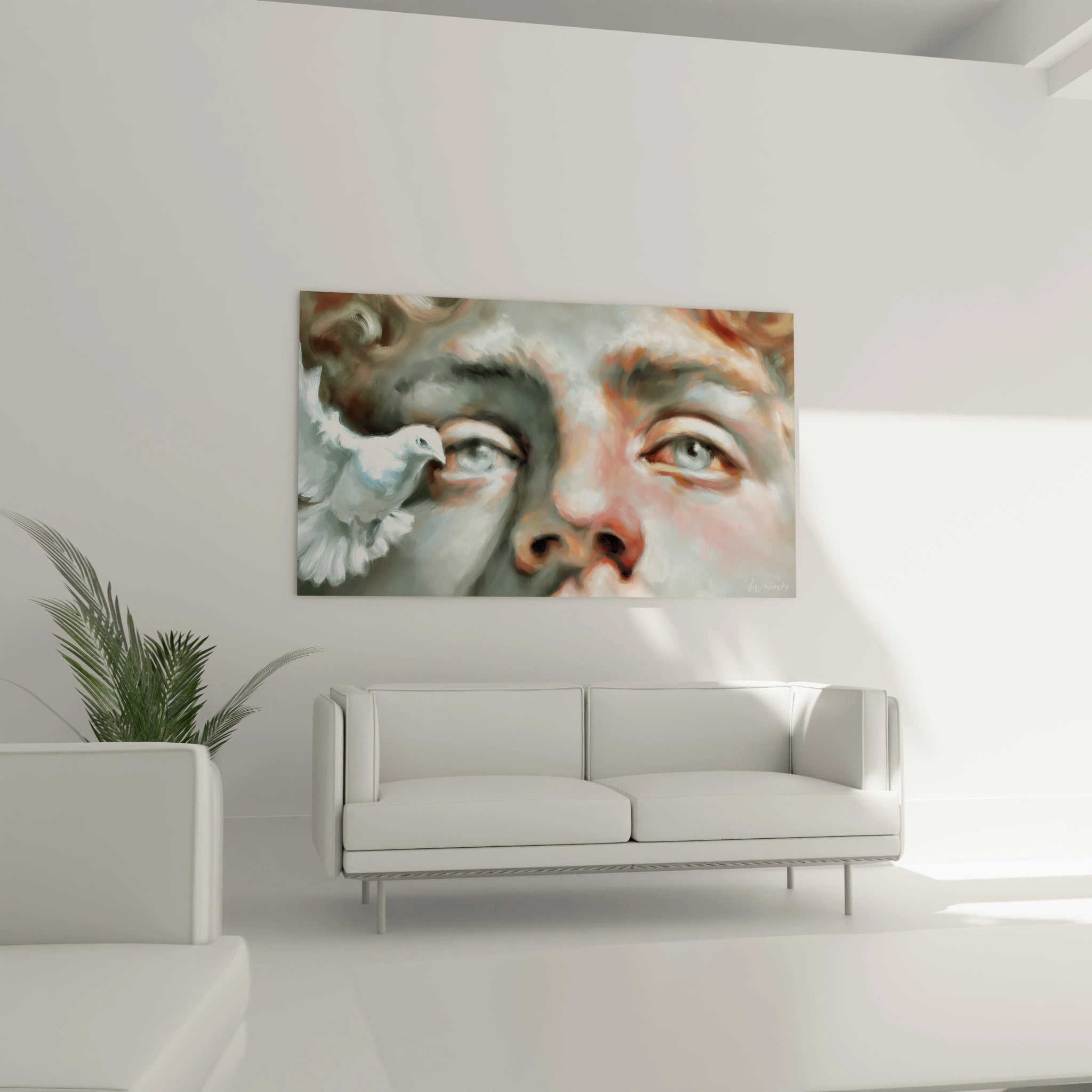 Tableau mural Walensky montrant gros plan de visage et colombe blanche tableau colombe hyperréalisme pour salon contemporain