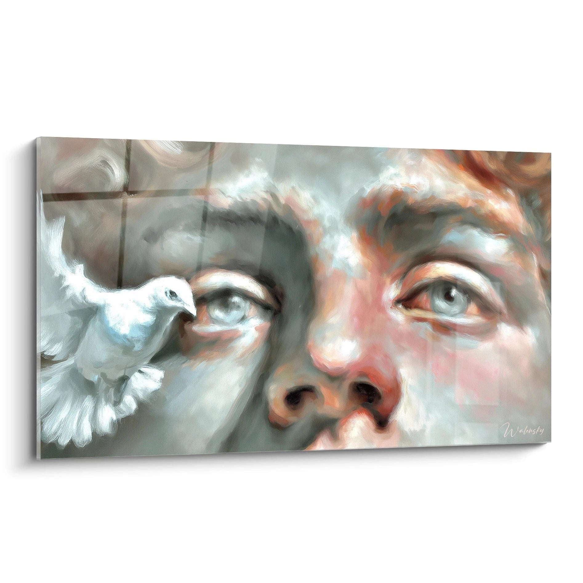 Walensky tableau colombe hyperréalisme peinture murale visage en gros plan colombe blanche pres de l oeil