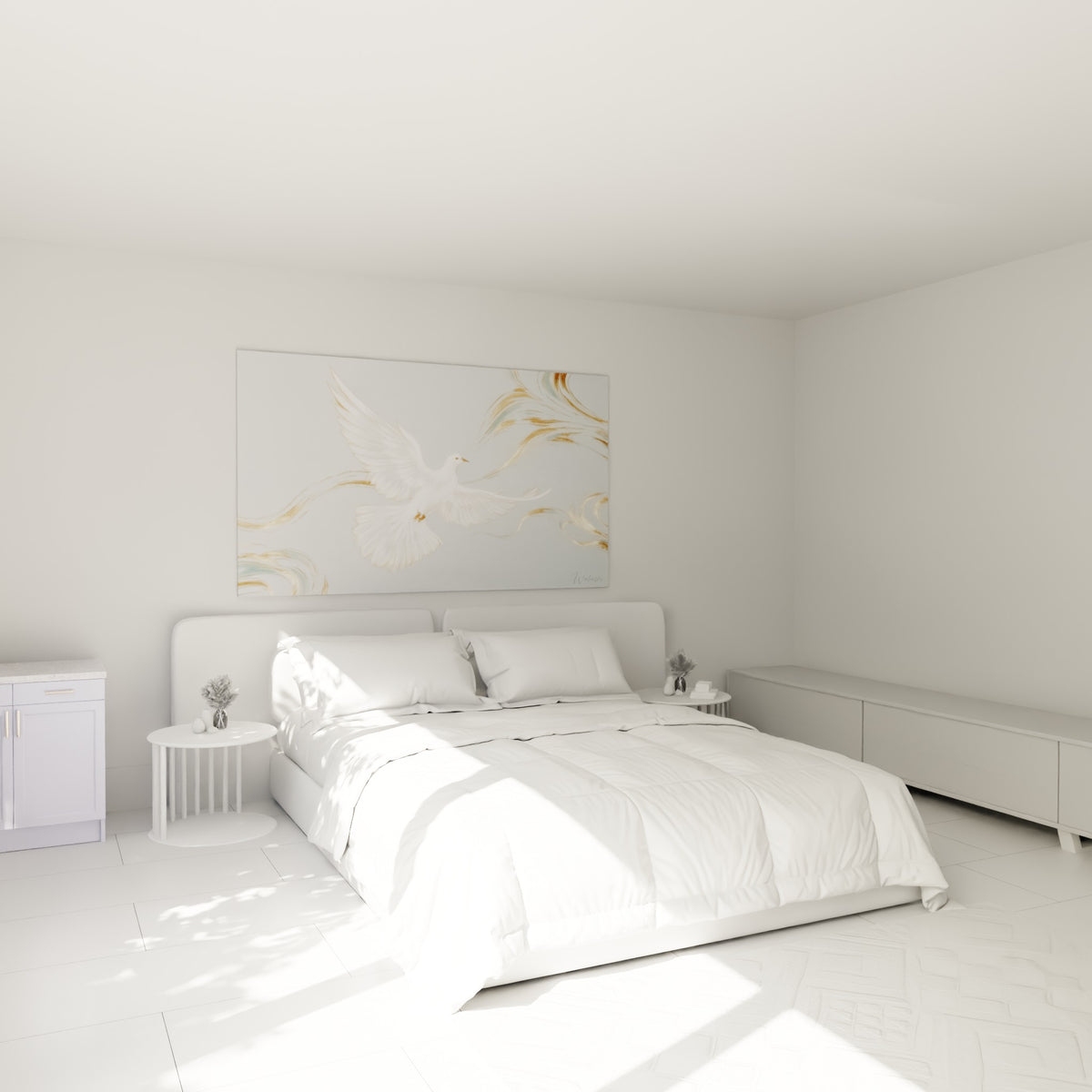 Envol de colombe blanche et dorée accroché au-dessus d'un lit dans une chambre claire