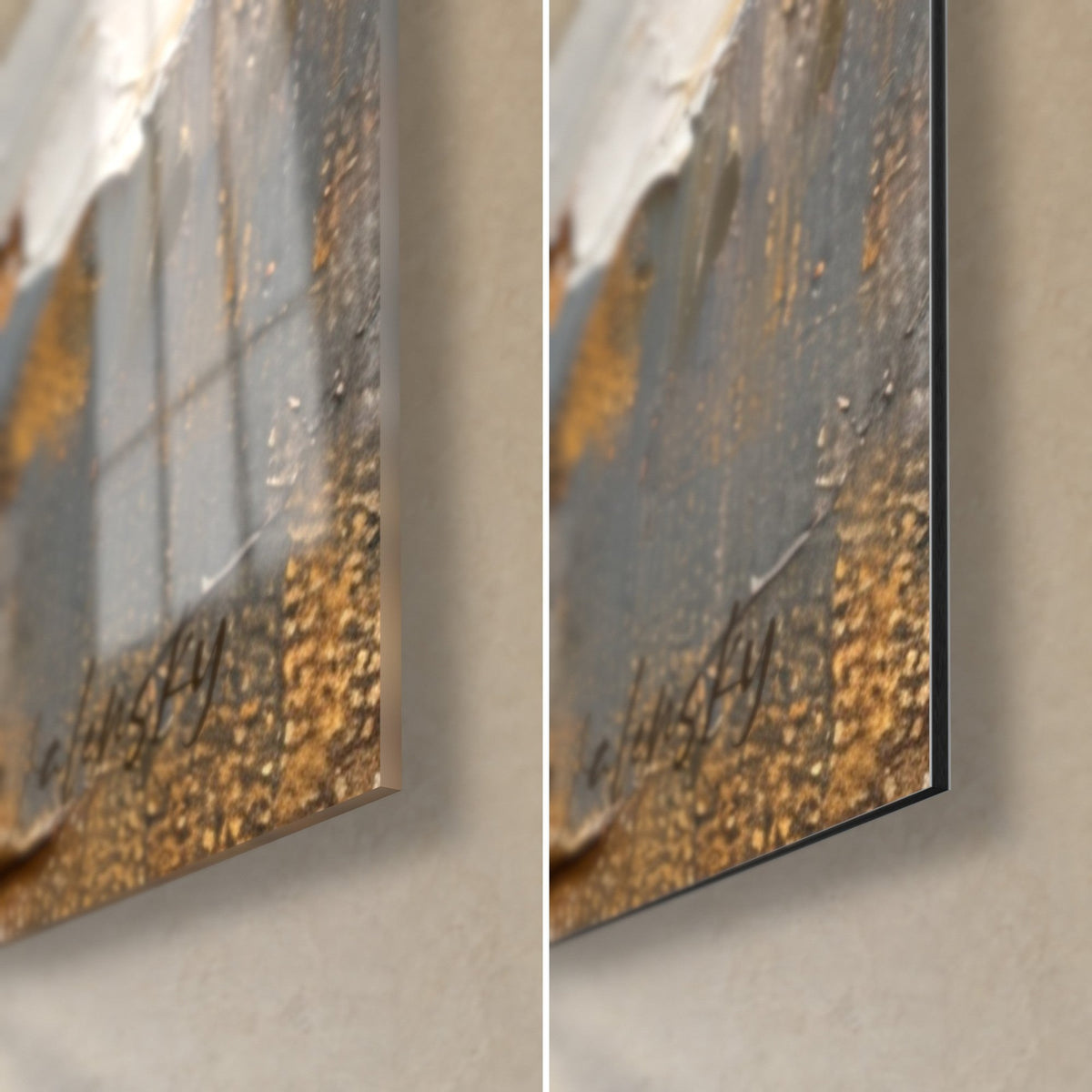 Tableau oiseau perché aux plumes ocre et blanches, coin bas droit : verre acrylique brillant à gauche, alu Dibond mat à droite, tranche de 3 mm