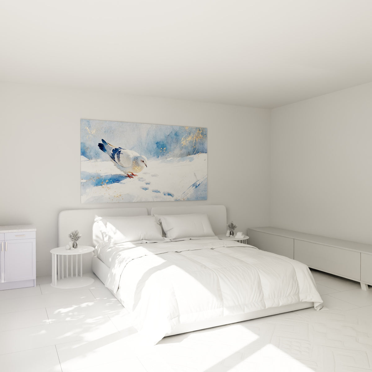 Oiseau blanc aux ailes bleu-gris avançant sur neige dorée, accroché au-dessus d'un lit dans une chambre claire