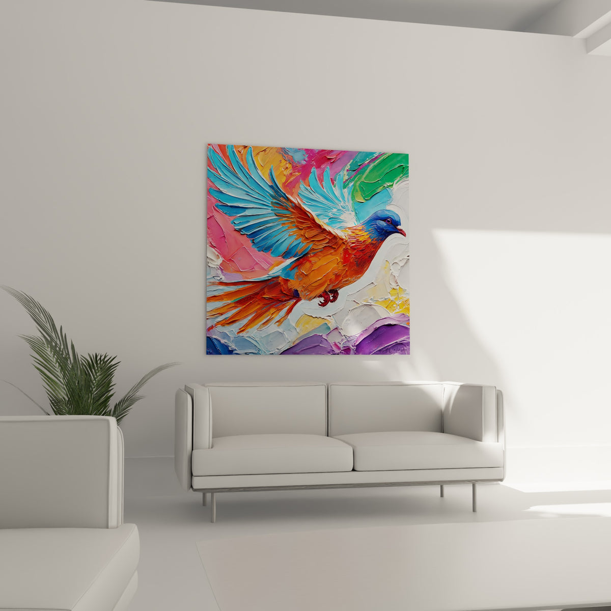 Volatile fauve aux ailes turquoise sur fond multicolore, accroché au-dessus d'un canapé dans un salon lumineux