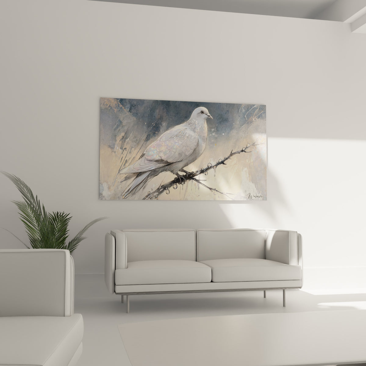Plumage nacré et gouttes translucides sur une colombe, tableau au-dessus d'un canapé dans un salon lumineux