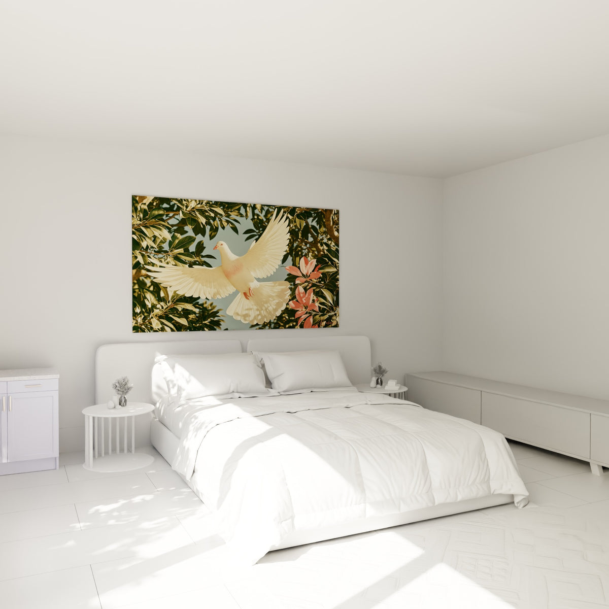 Envol de la colombe blanche et ivoire, feuilles vertes et roses, au-dessus d'un lit dans une chambre claire