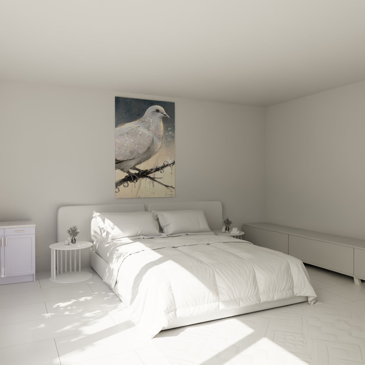 Oiseau blanc aux reflets nacrés posé sur une branche sombre, accroché au-dessus d'un lit dans une chambre claire