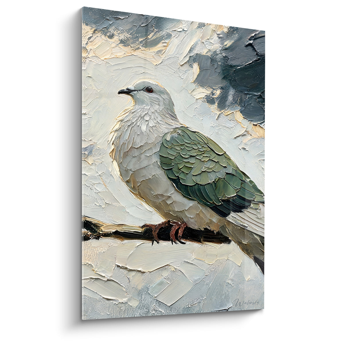 Colombe ivoire aux ailes vert anthracite perchée, plumage texturé en empâtements épais