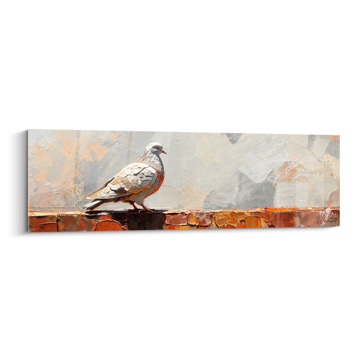 Colombe blanche et grise posée sur un muret terracotta, style peinture au couteau texturée