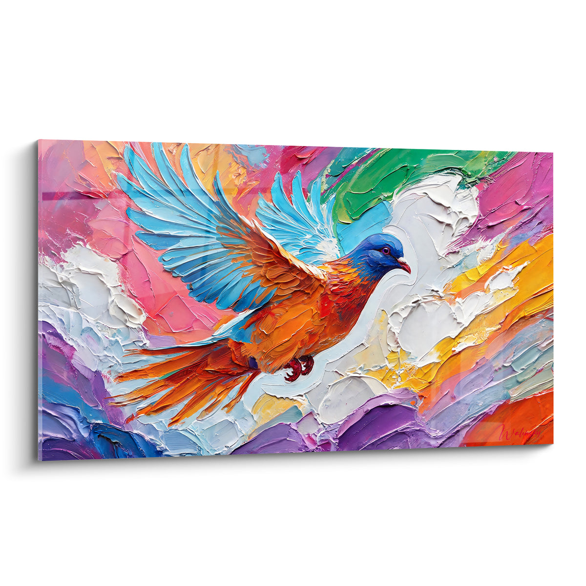 Colombe orange aux ailes bleu ciel déployées sur fond rose, vert et violet texturé