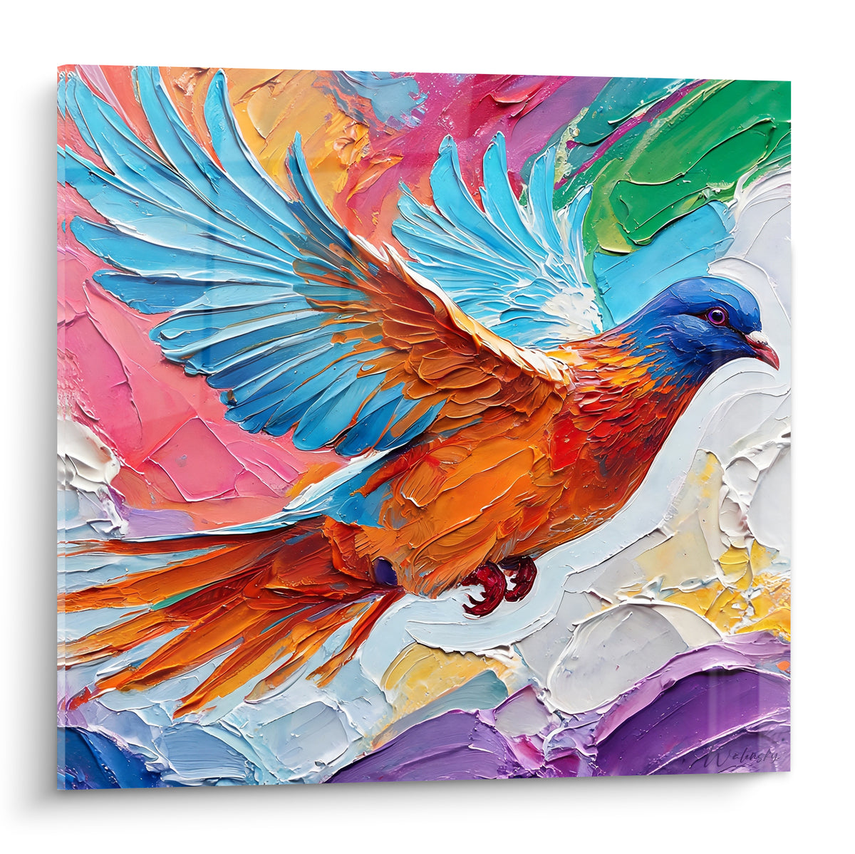 Colombe orange aux ailes bleu turquoise déployées, plumage fauve, fond rose et violet texturé