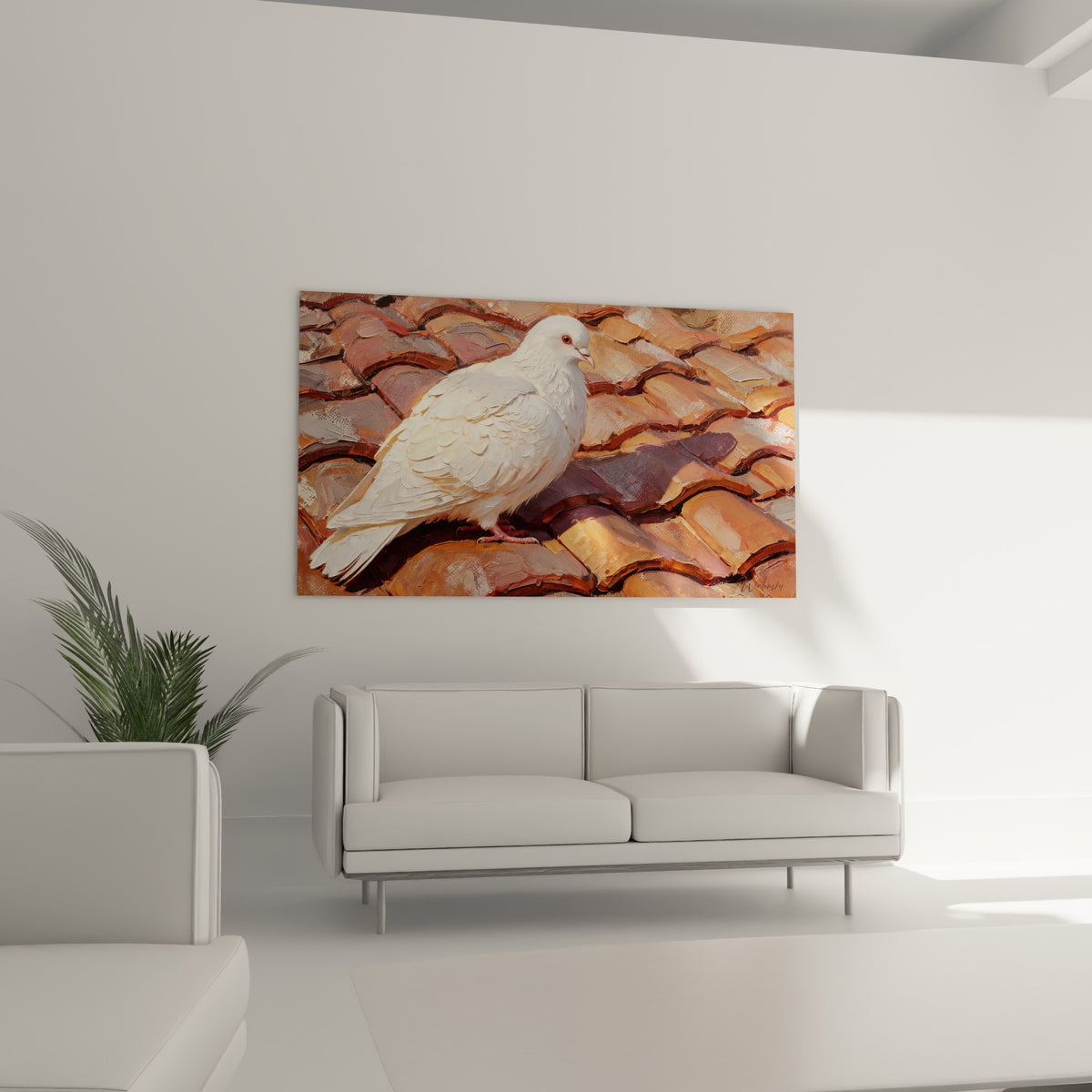 Plumage blanc éclatant contrastant avec des tuiles terracotta, accroché au-dessus d'un canapé dans un salon lumineux