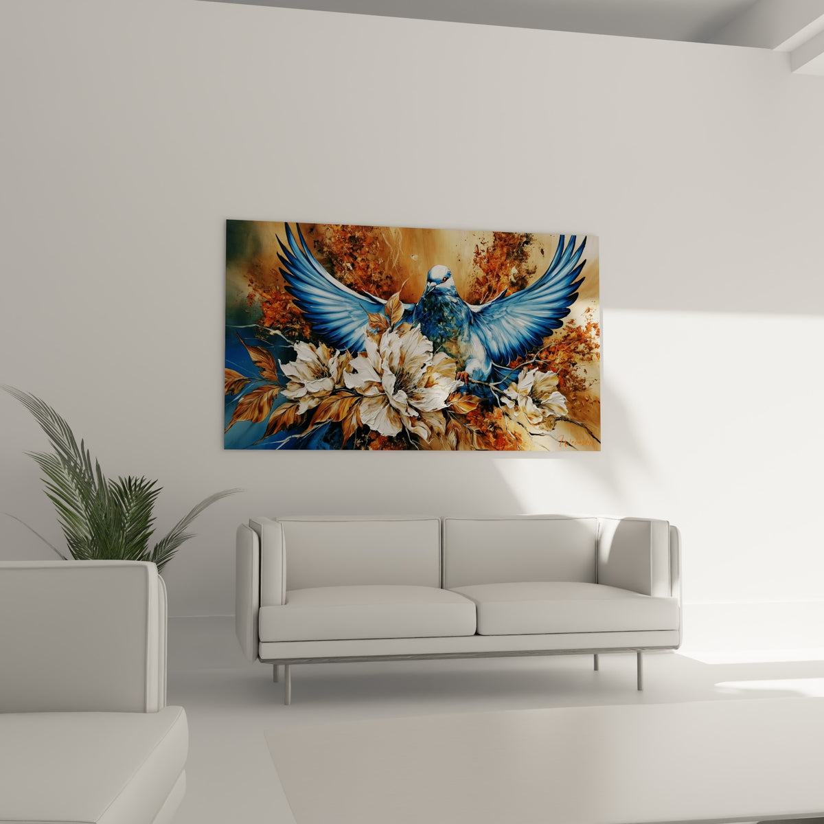 Oiseau bleu et blanc entouré de fleurs texturées au-dessus d'un canapé dans un salon lumineux