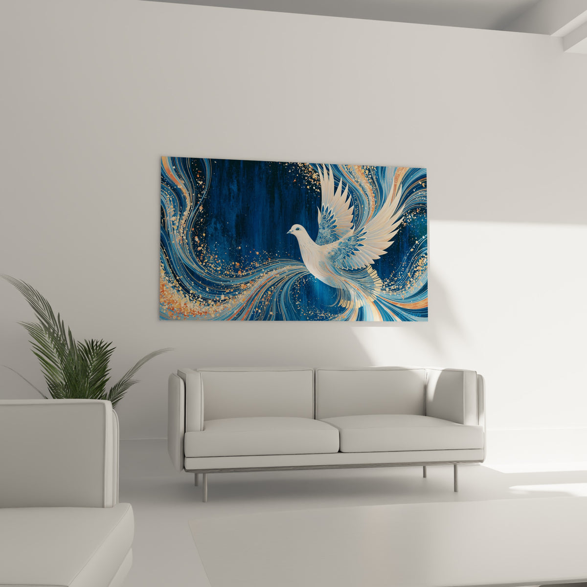 Plumage détaillé d'une colombe blanche sur fond bleu marine et orangé, au-dessus d'un canapé dans un salon lumineux