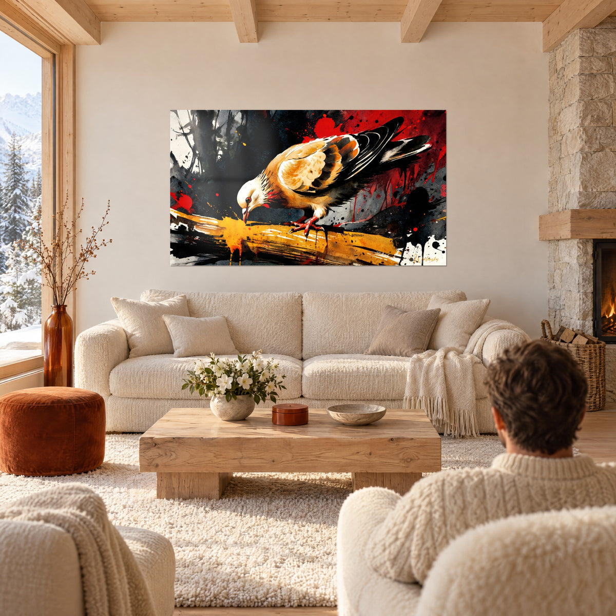 Tableau colombe au plumage ocre, becquant un perchoir jaune, éclaboussures rouges et noires, au-dessus d'un canapé dans un salon lumineux