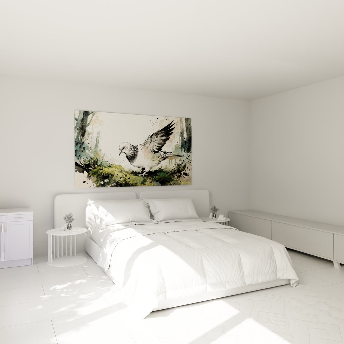 Oiseau blanc au plumage noir détaillé, accroché au-dessus d'un lit dans une chambre claire