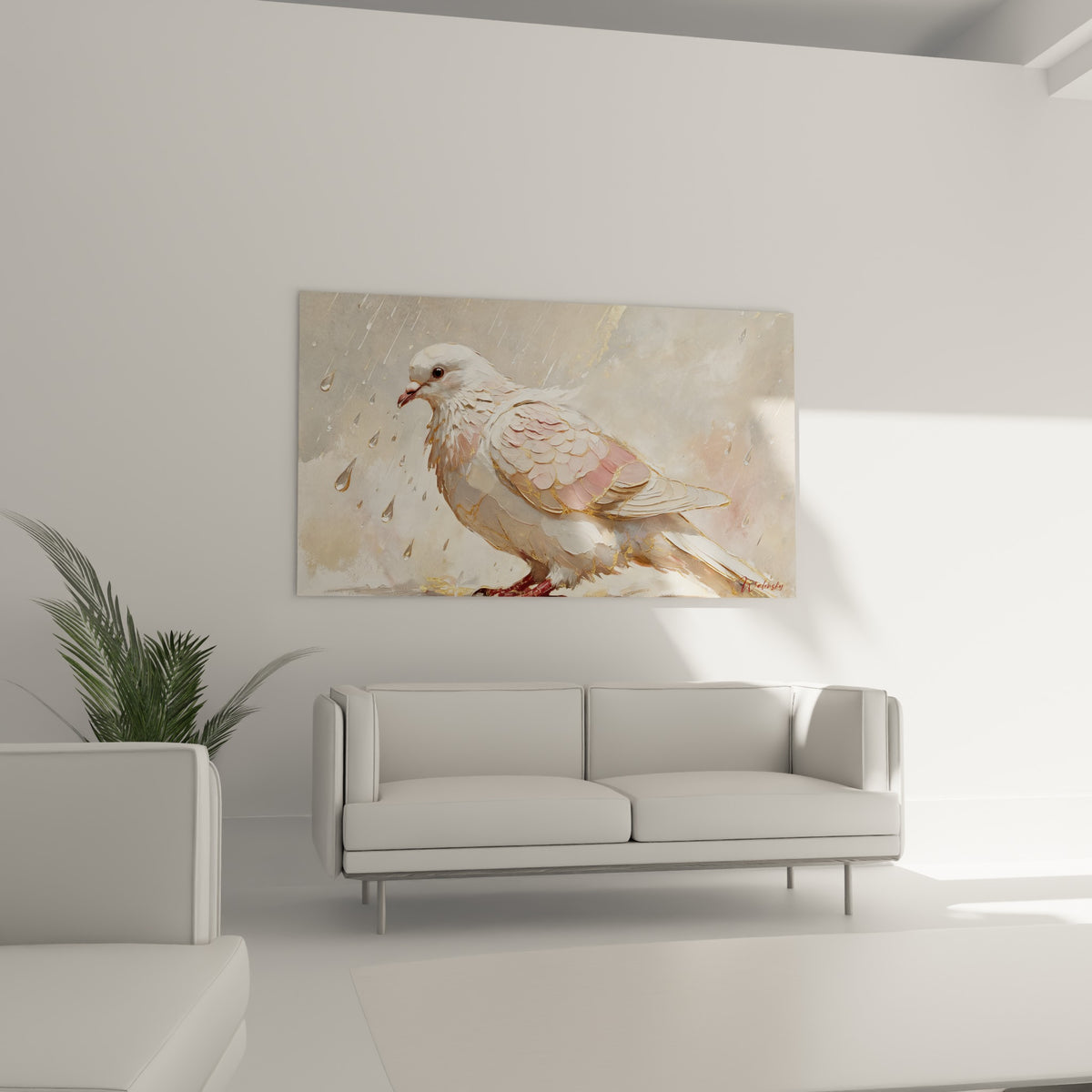 Oiseau rose poudré et or, ailes déployées finement, au-dessus d'un canapé dans un salon lumineux