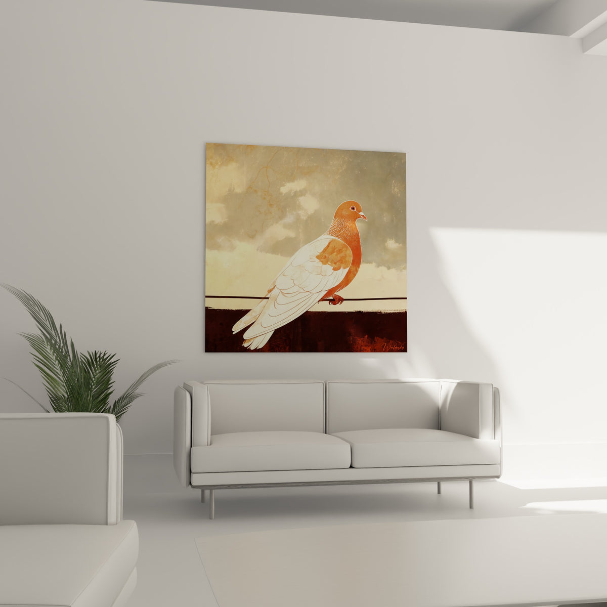 Plumage roux et blanc d'une colombe détaillée, tableau accroché au-dessus d'un canapé dans un salon lumineux