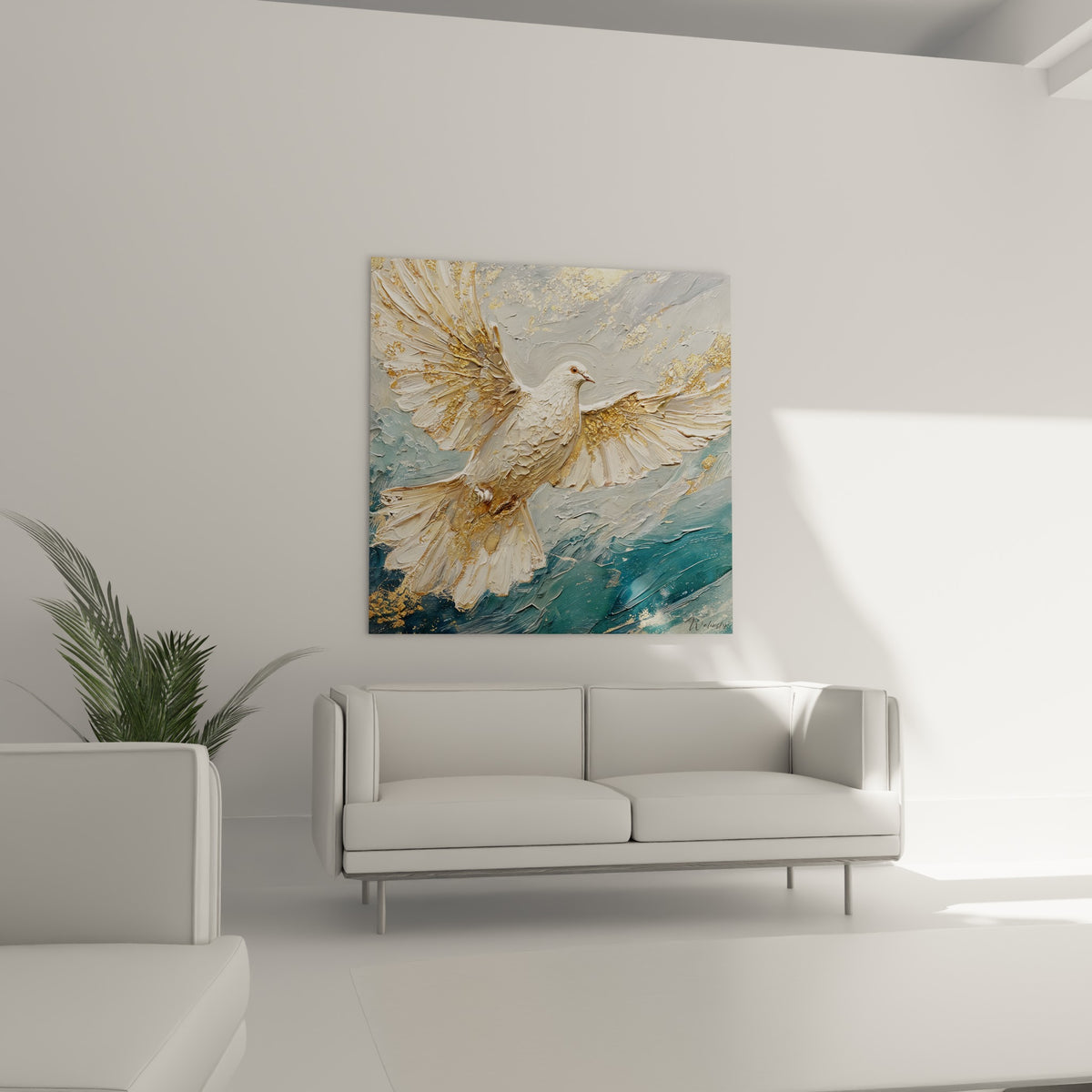 Plumage crème et doré d'une colombe suspendue au-dessus d'un canapé dans un salon lumineux