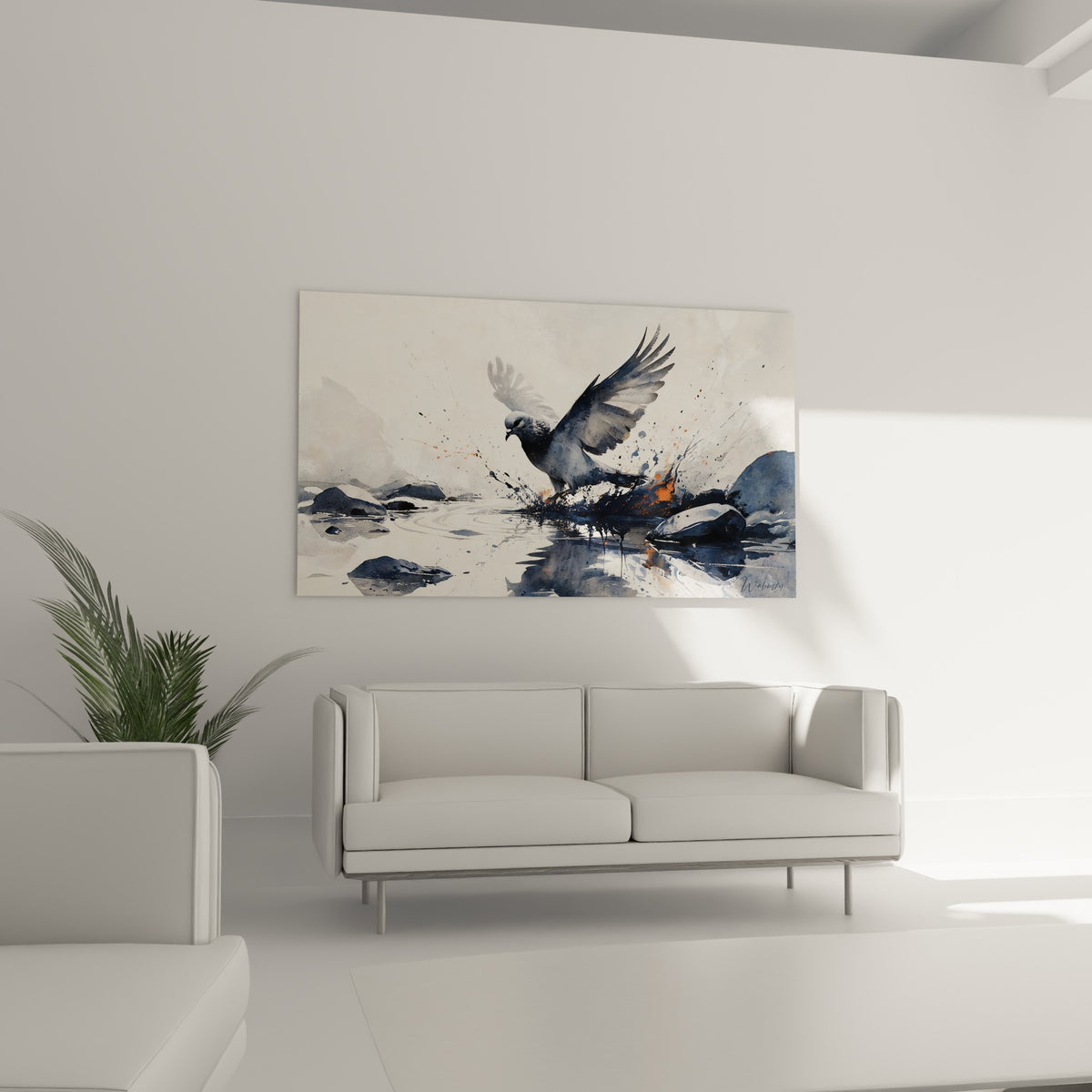 Silhouette de colombe anthracite jaillissant de l'eau, au-dessus d'un canapé dans un salon lumineux
