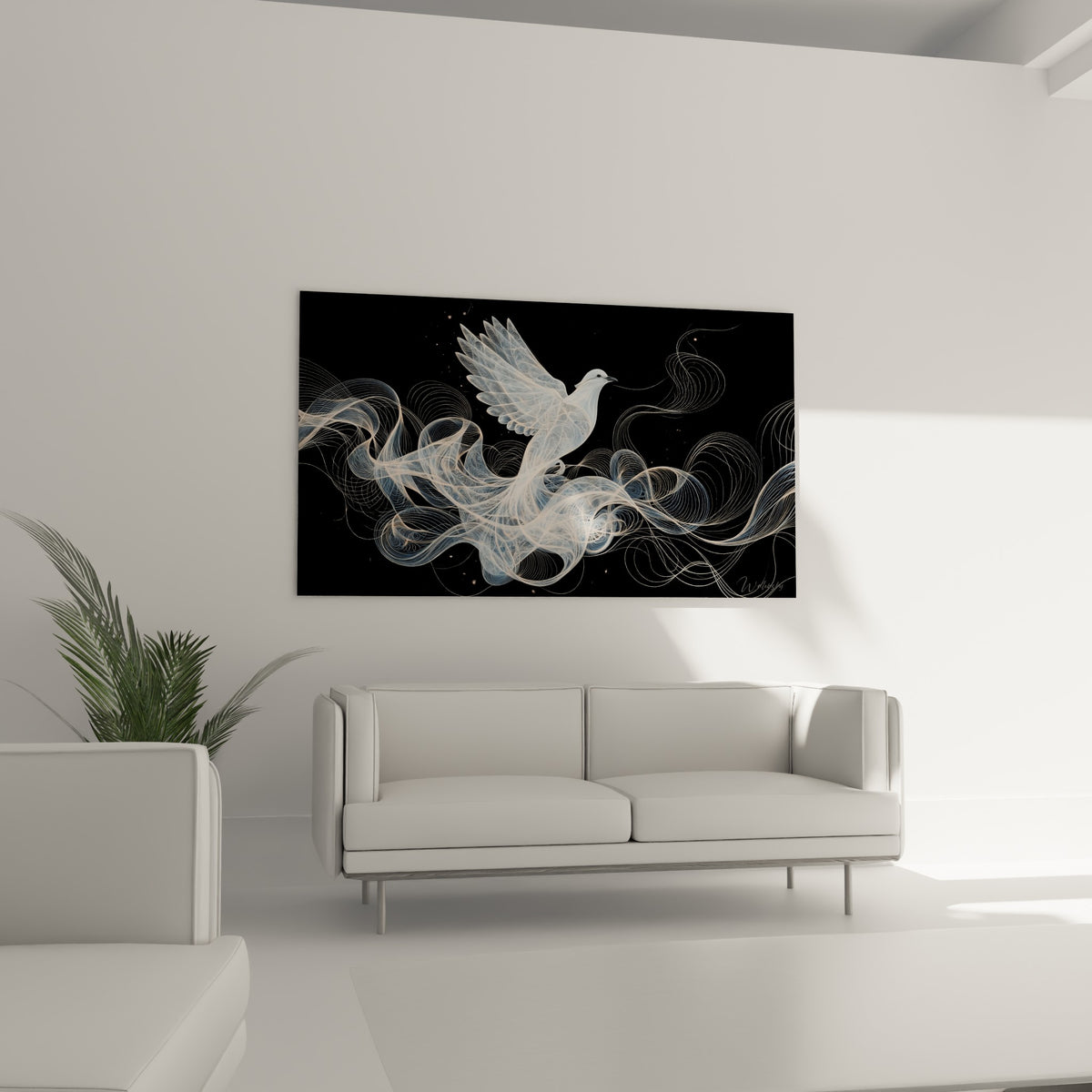 Oiseau blanc entouré de rubans dorés et anthracite au-dessus d'un canapé dans un salon lumineux