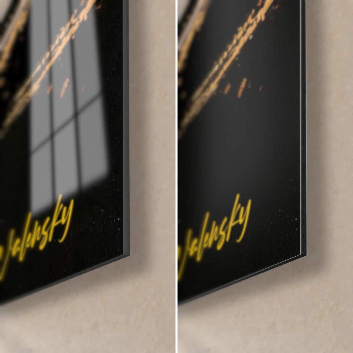 Quadro di colomba nera, firma Walensky giallo oro in basso a destra, vetro lucido e Dibond opaco, spessore 3 mm