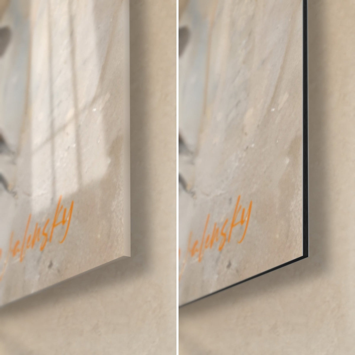 Tableau tourterelle ivoire et feuilles d'or, coin bas droit : verre acrylique brillant à gauche, alu Dibond noir mat à droite, tranche de 3 mm