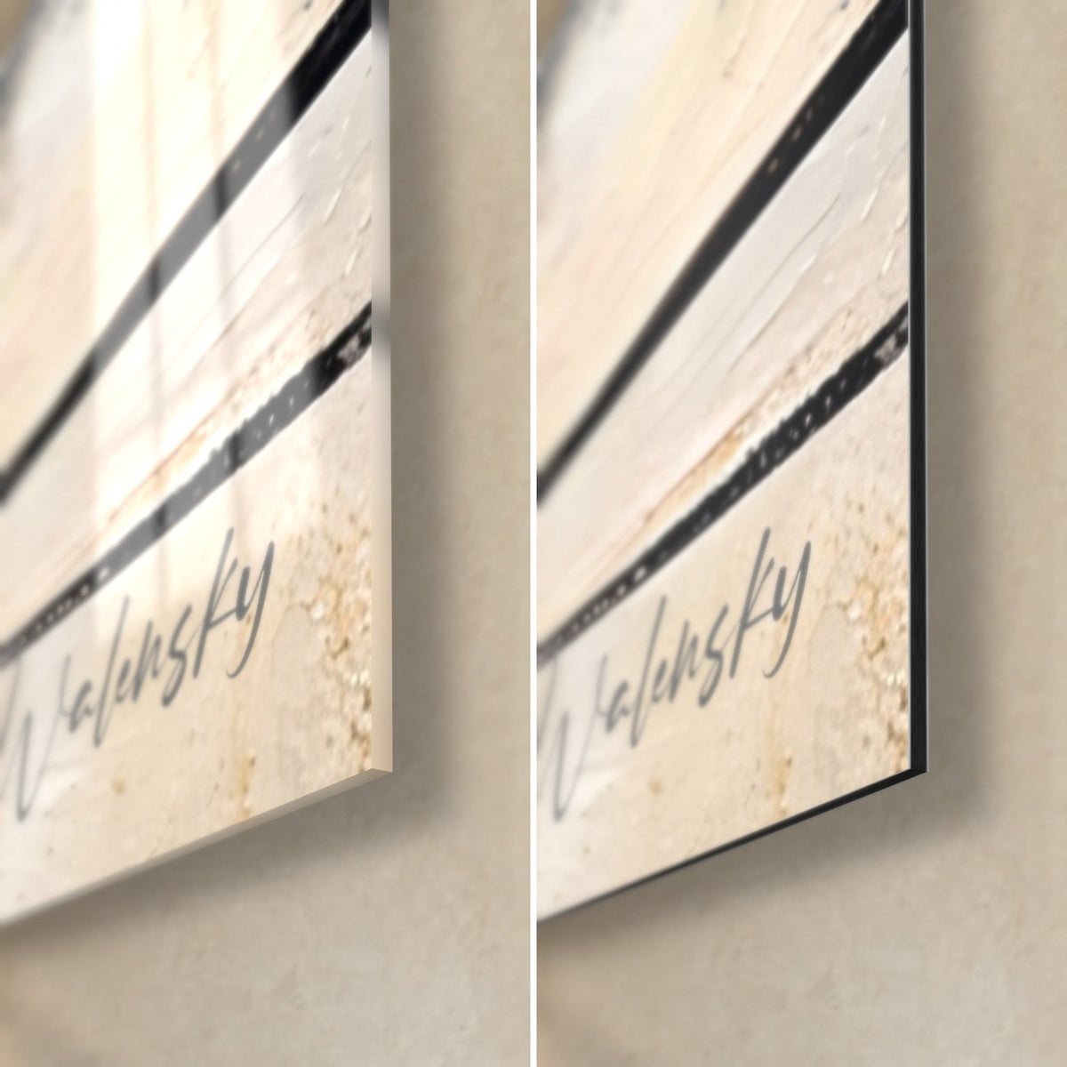 Wall art black bird accented with gold, bottom right corner: glossy acrylic glass on the left, matte Dibond aluminium on the right, slim edge