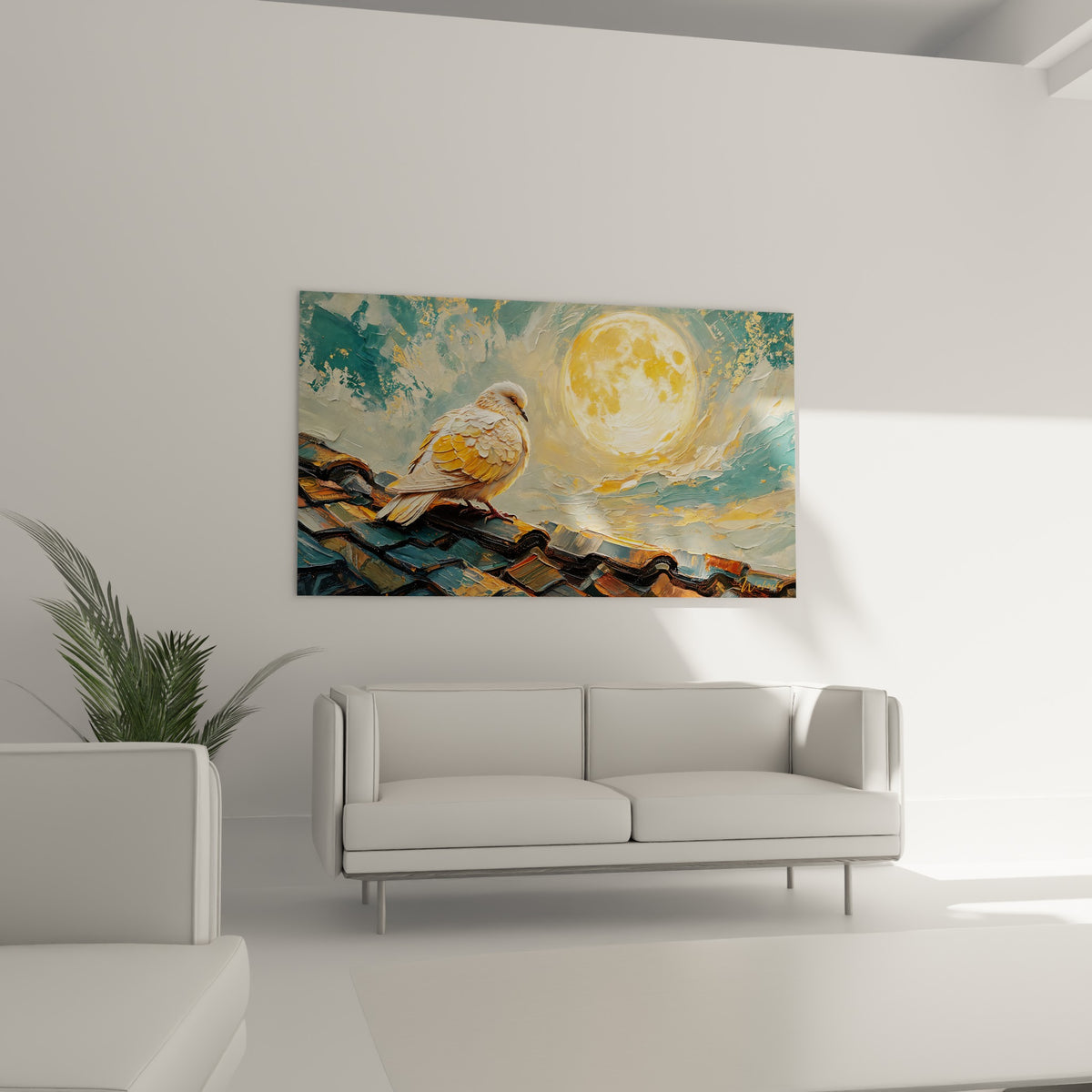Oiseau blanc et ocre veillant sous un ciel bleu pastel, au-dessus d'un canapé dans un salon lumineux