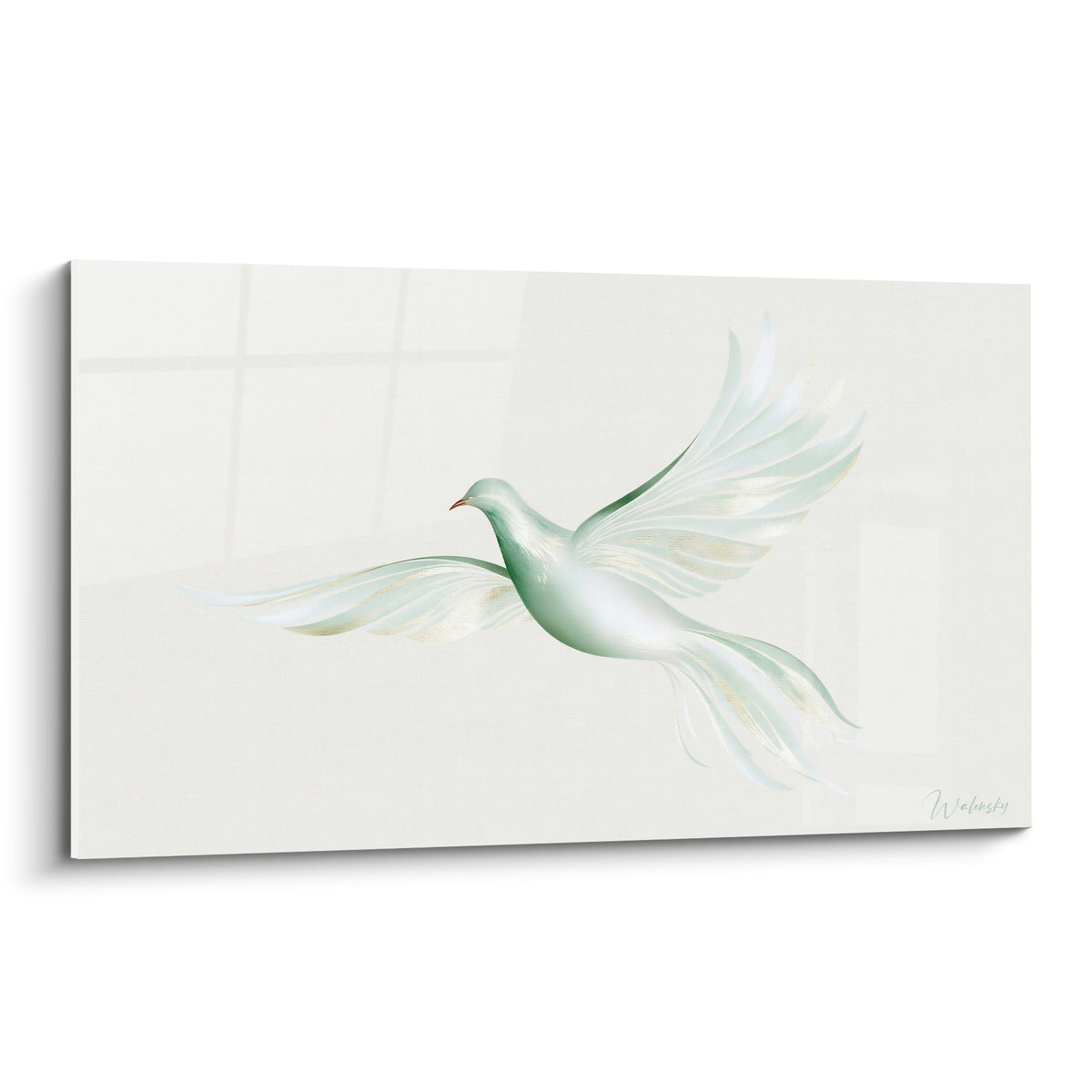 Colombe blanche aux ailes vert sauge déployées, plumes dorées, fond beige épuré