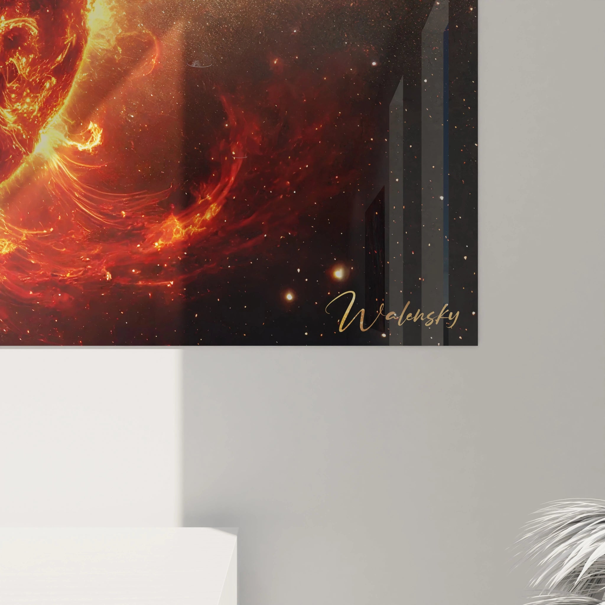 Découvrez chaque détail éclatant de ce tableau Soleil en gros plan, une fusion parfaite de textures intenses et de teintes solaires fascinantes.