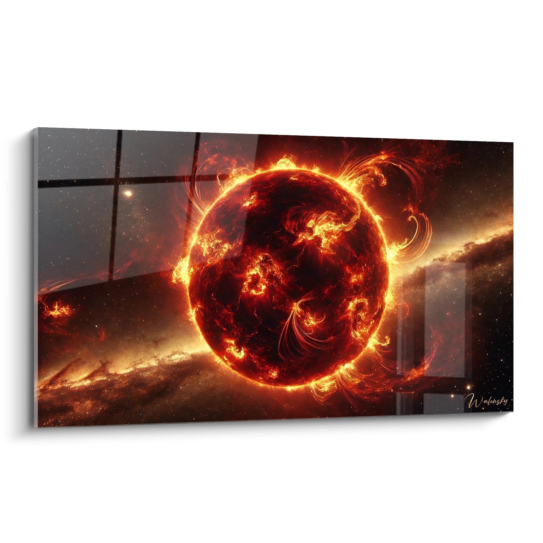 Admirez ce tableau Soleil vu de biais, une explosion de couleurs chaudes et vibrantes qui capturent la puissance et l'énergie brute de notre étoile.