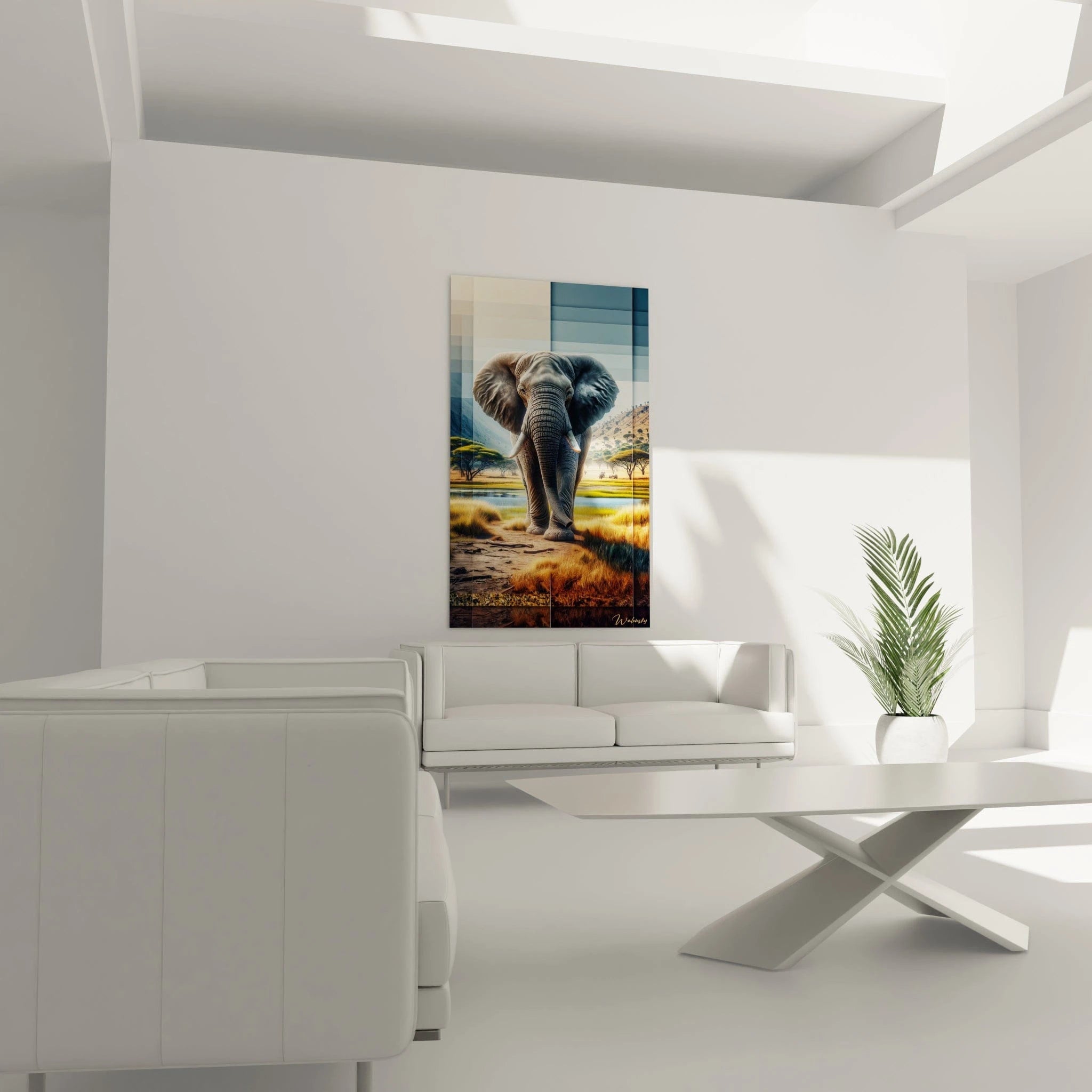 Un tableau d'animal montrant un éléphant en gros plan marchant dans une prairie africaine aux herbes dorées. Les détails de la peau plissée et les défenses ivoire sont minutieusement rendus. L'arrière-plan présente un paysage de savane avec ciel bleu, nuages et silhouettes d'arbres typiques.