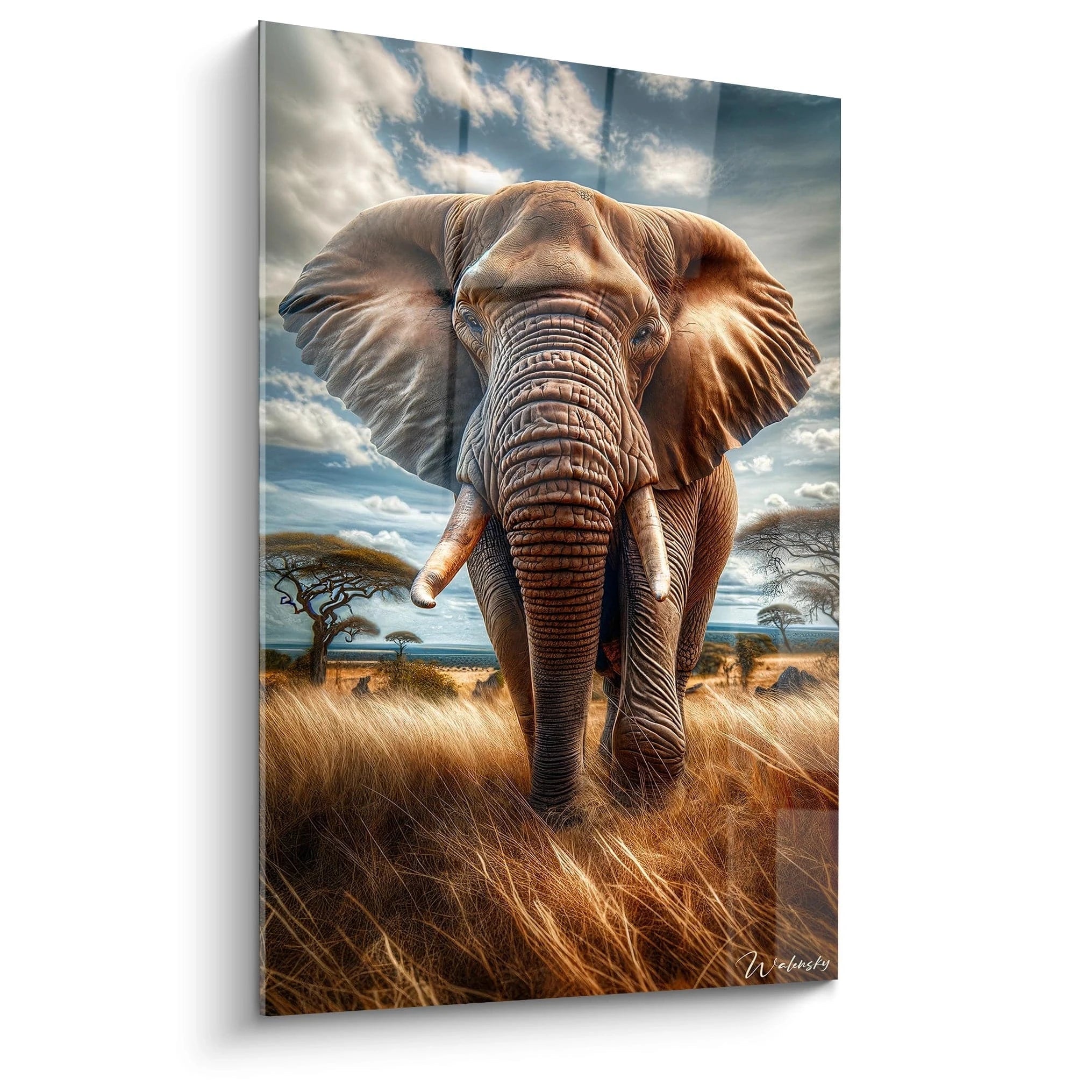 Un tableau d'animal représentant un éléphant d'Afrique de face dans une savane aux herbes dorées. La peau brun grisâtre, texturée et ridée, est rendue avec de nombreux détails. Le ciel bleu parsemé de nuages blancs complète la composition avec des acacias visibles à l'arrière-plan.