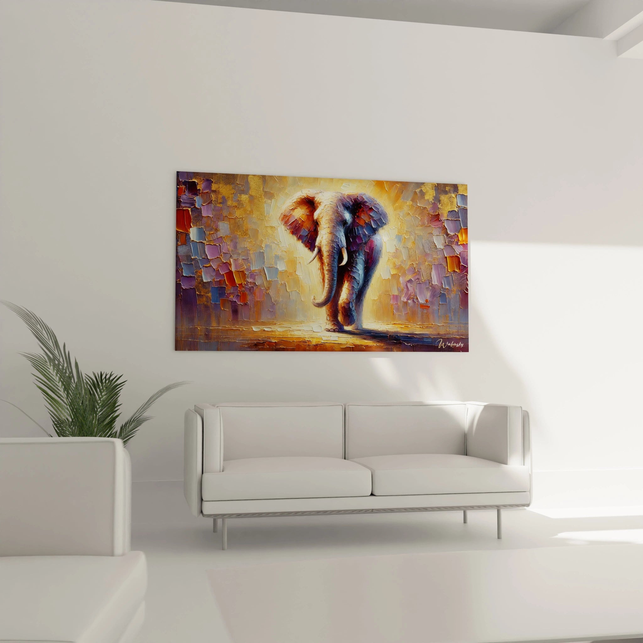 Sublimez votre salon avec ce tableau elephant accroché au-dessus du canapé. Ses couleurs vibrantes et textures détaillées attirent le regard et apportent une touche artistique moderne à votre intérieur.