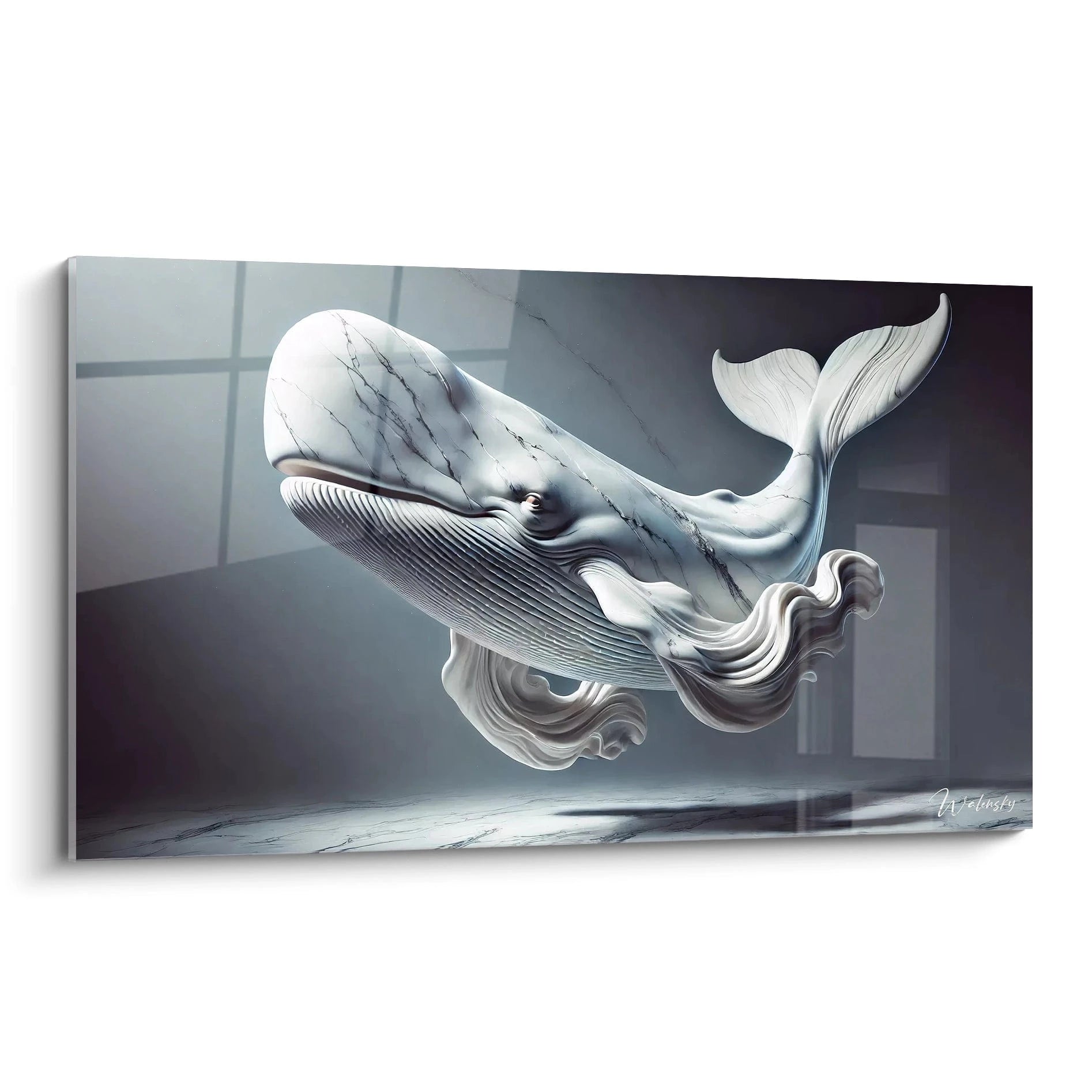 Ce tableau cachalot intrigue par son allure sculpturale en blanc et gris. Parfait pour un intérieur moderne, il capture la majesté de l'océan dans une ambiance apaisante et minimaliste.