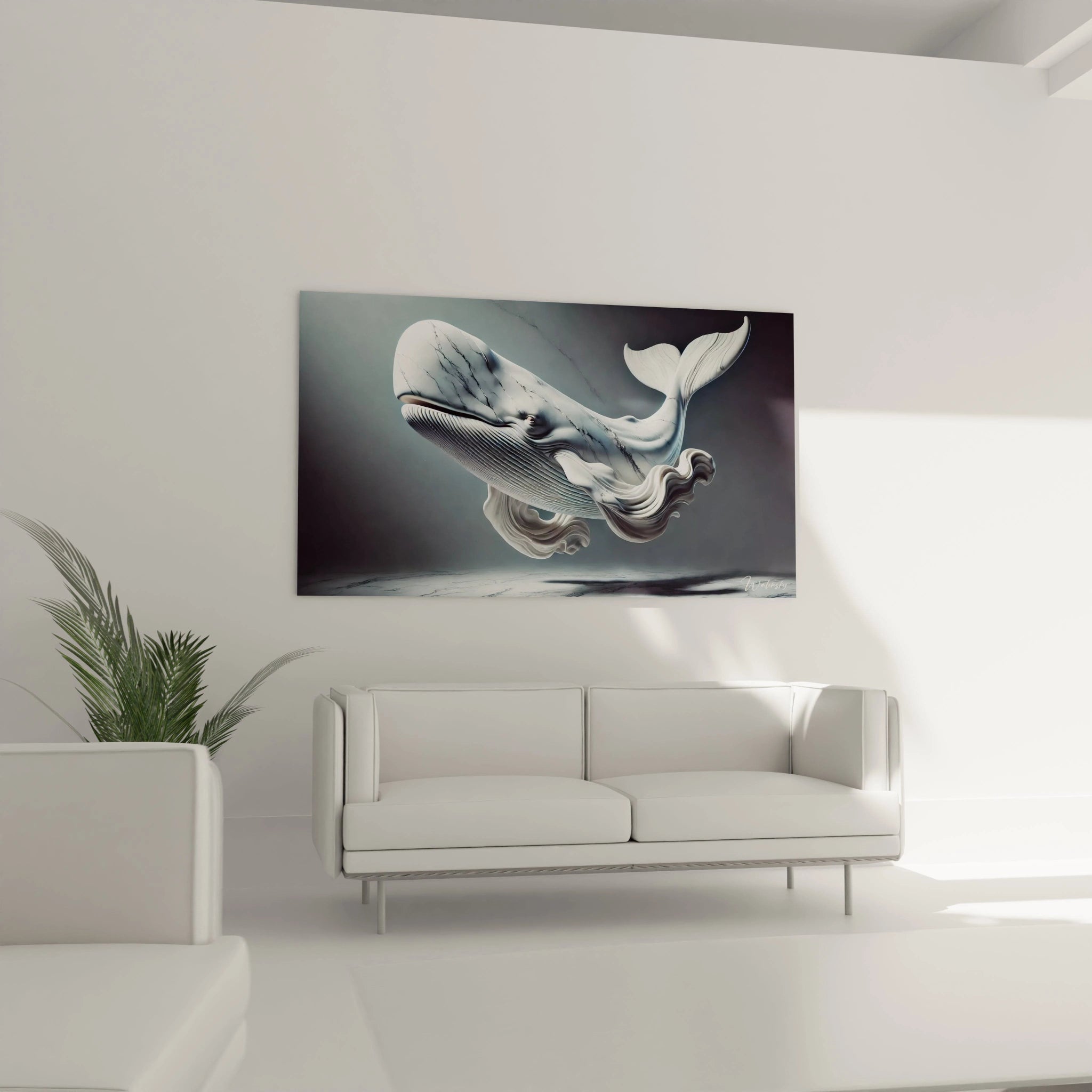 Avec ce tableau cachalot au-dessus du canapé, votre salon gagne en élégance et en modernité. Ses teintes sobres et son design minimaliste renforcent une ambiance calme et raffinée.
