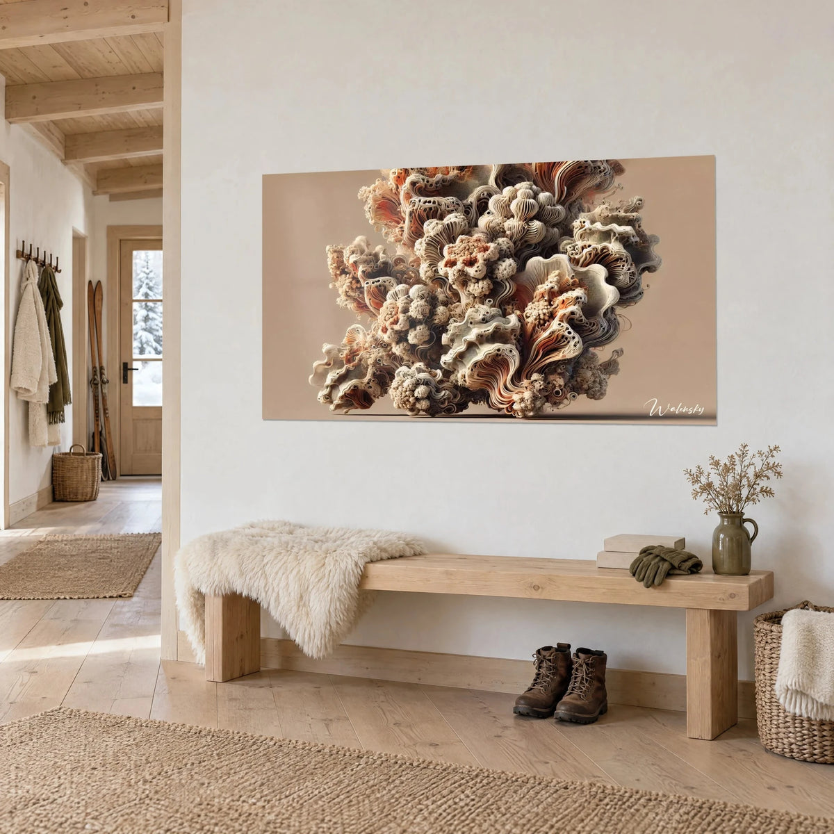 Wall art organic sculpture in cream and copper slats on sand background, wooden entrance bench of a chalet