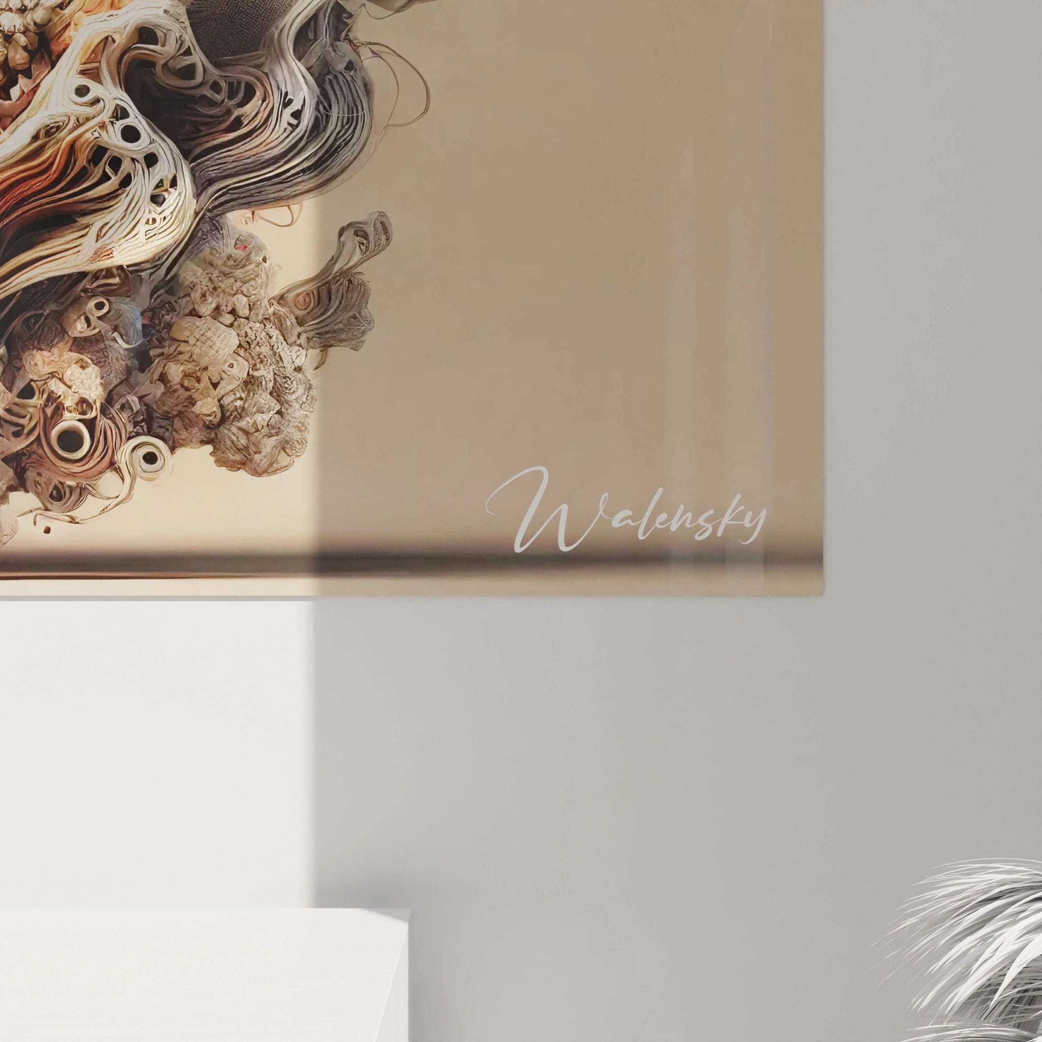 Vue rapprochée d'un angle en bas à droite d'un tableau Nature en verre acrylique - Détails de qualité exceptionnelle - Art mural géant avec finition parfaite - Décoration murale naturelle - Matériaux de haute qualité et design écologique